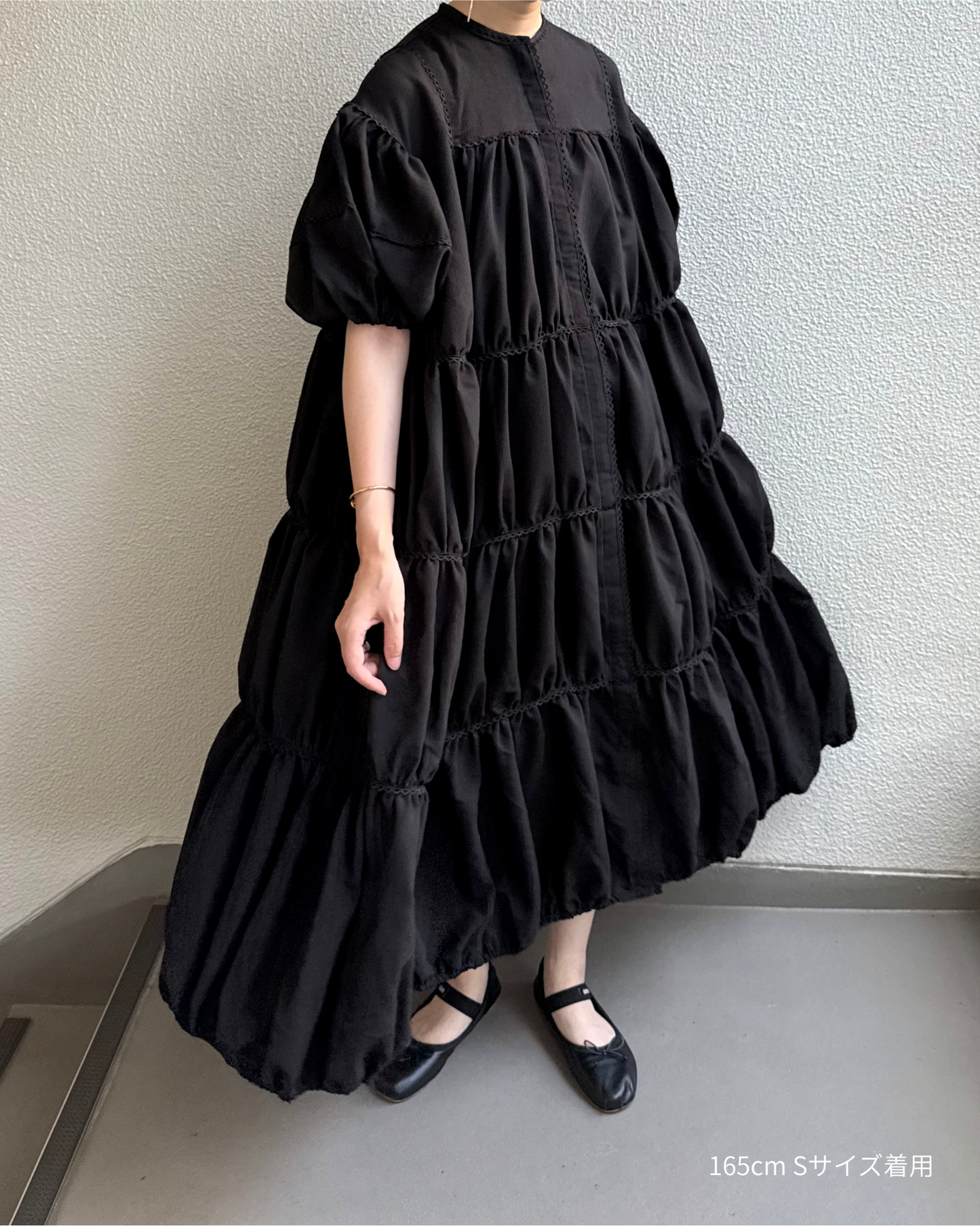 ginghamless patchwork volume onepiece – black