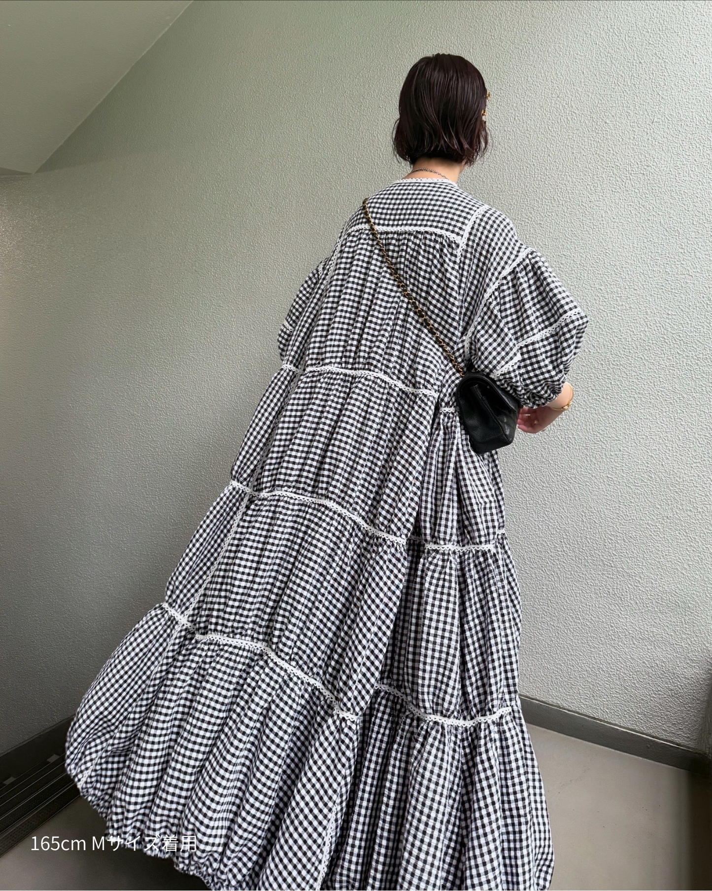 gingham patchwork volume onepiece – white × black