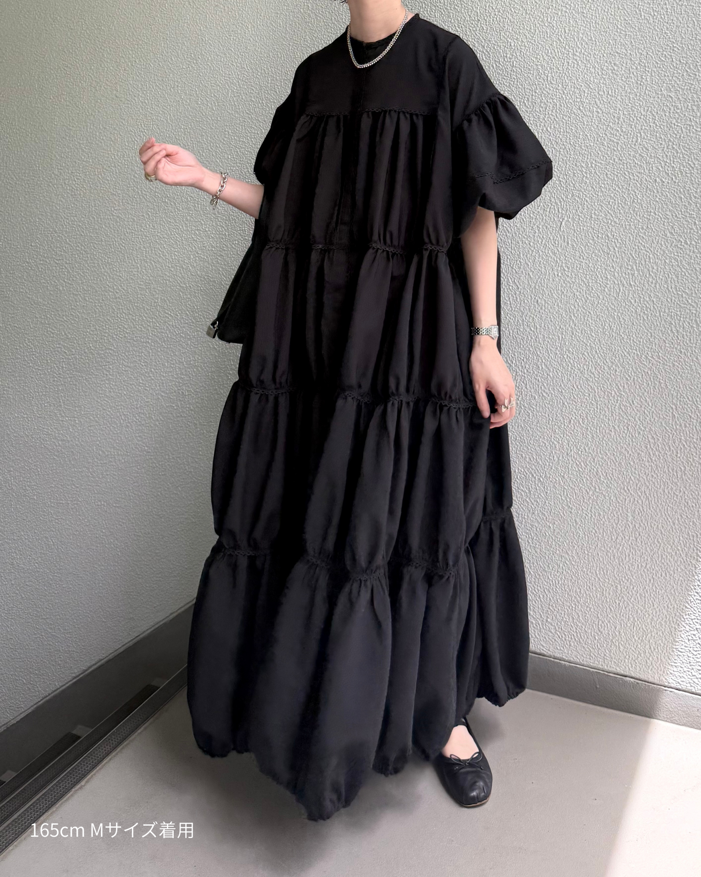 ginghamless patchwork volume onepiece – black