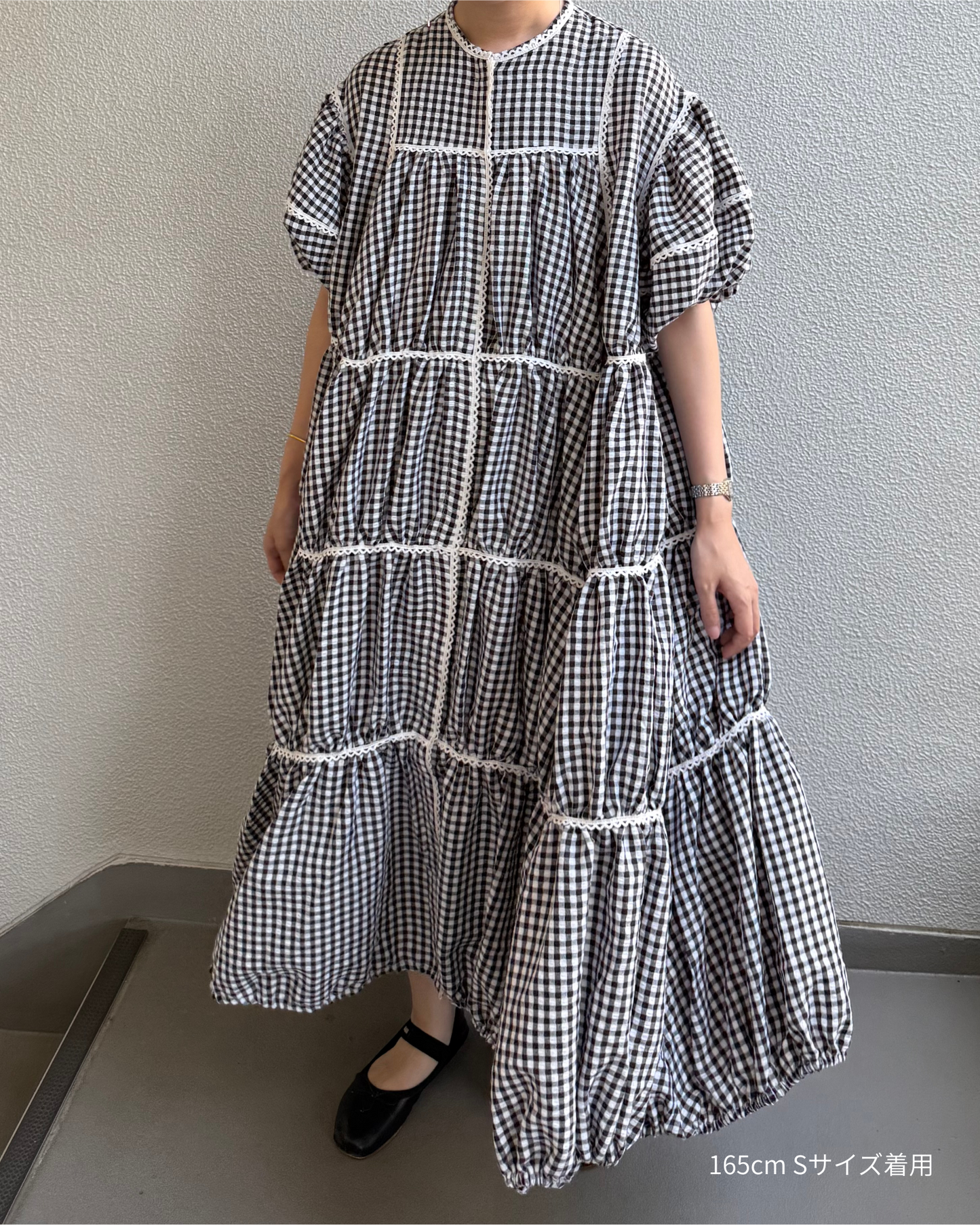 gingham patchwork volume onepiece – white × black