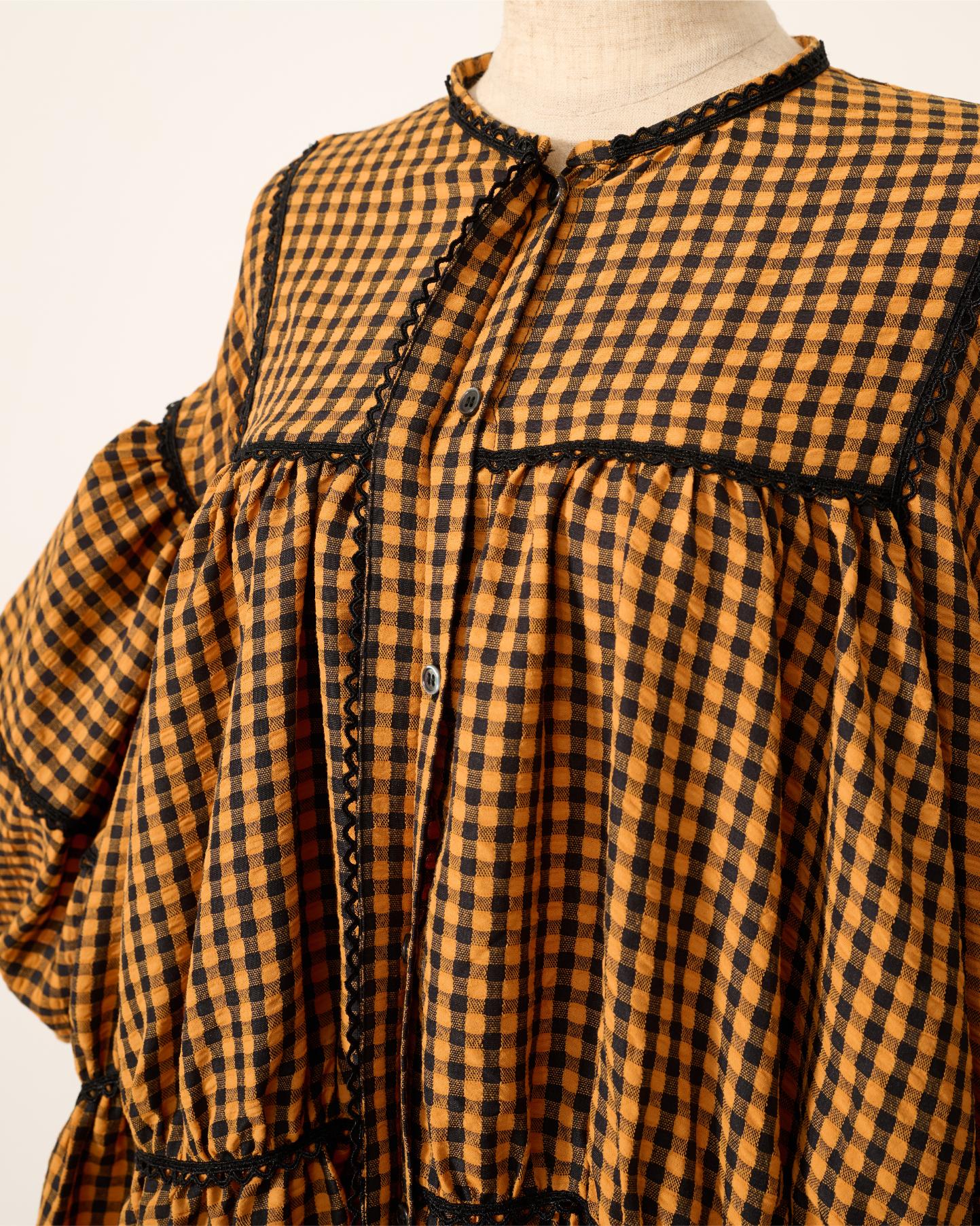 gingham patchwork volume onepiece – orange × black