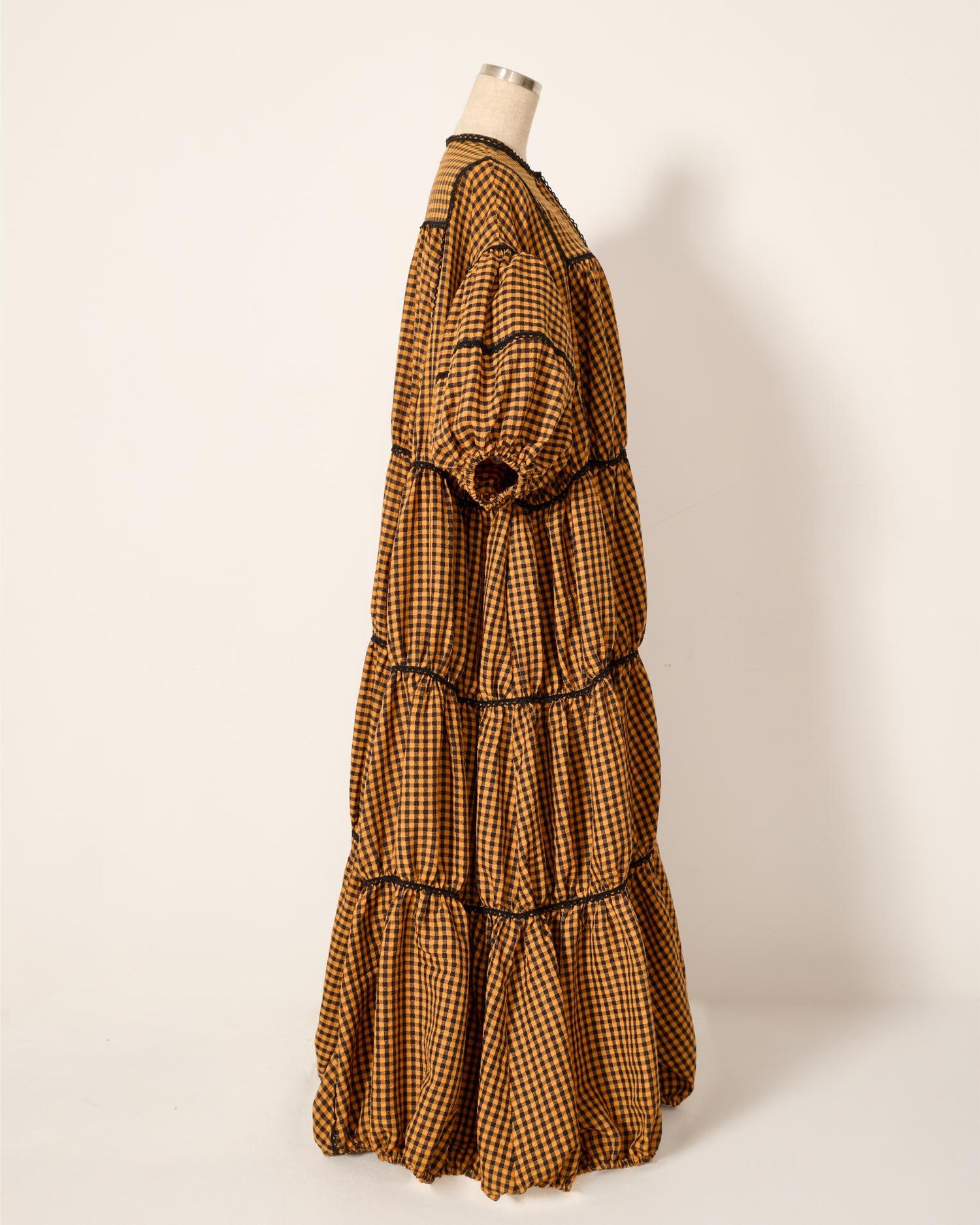 gingham patchwork volume onepiece – orange × black