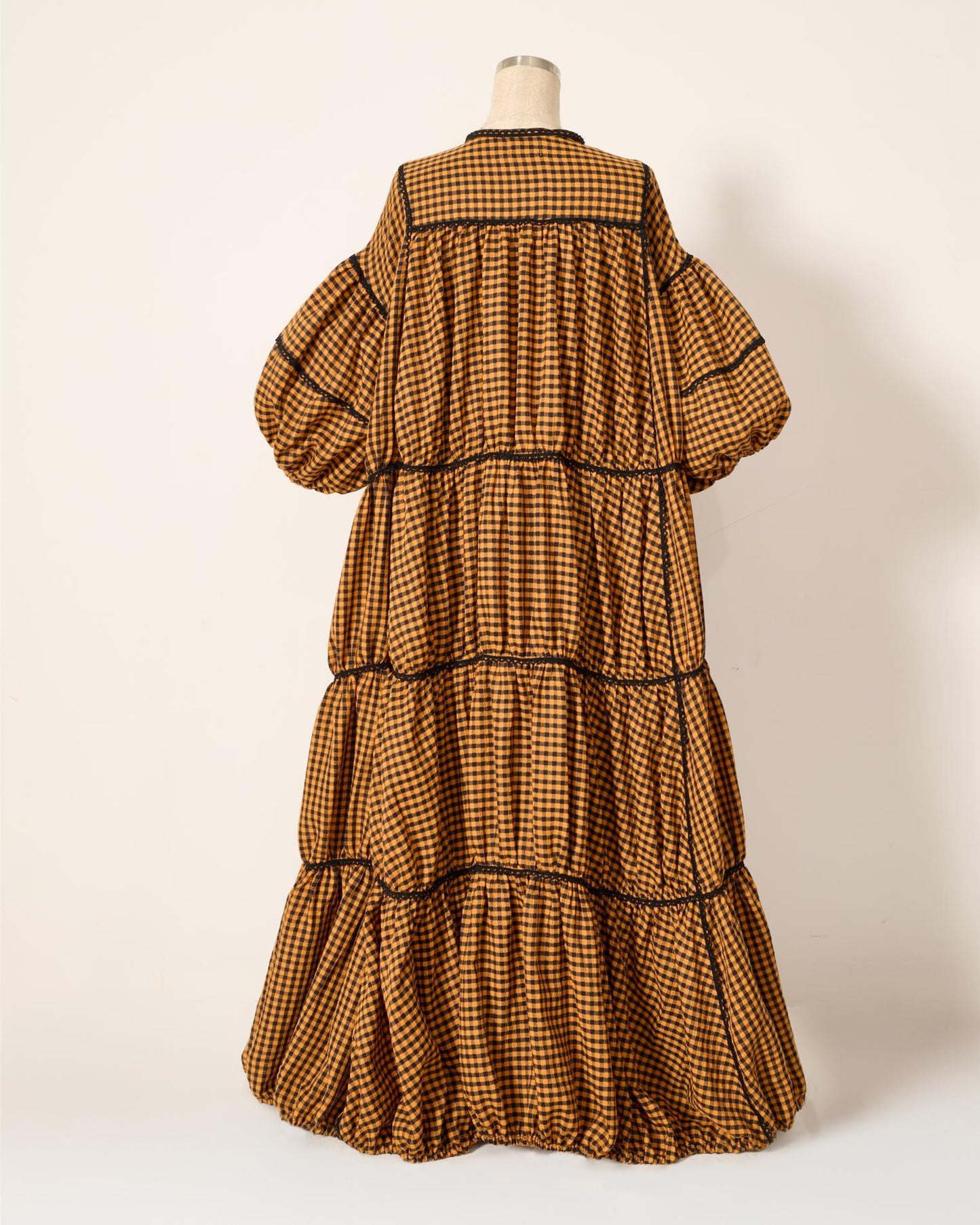 gingham patchwork volume onepiece – orange × black