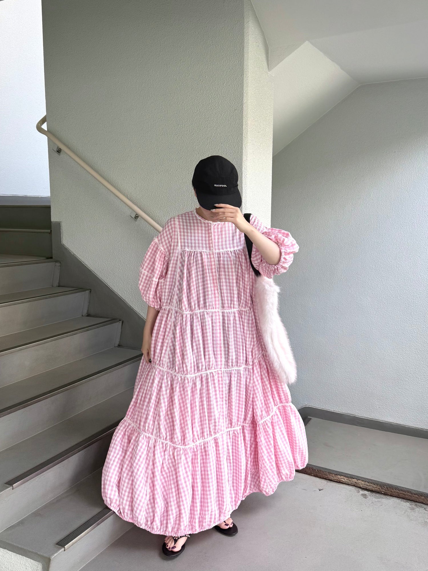gingham patchwork volume onepiece – pink × white