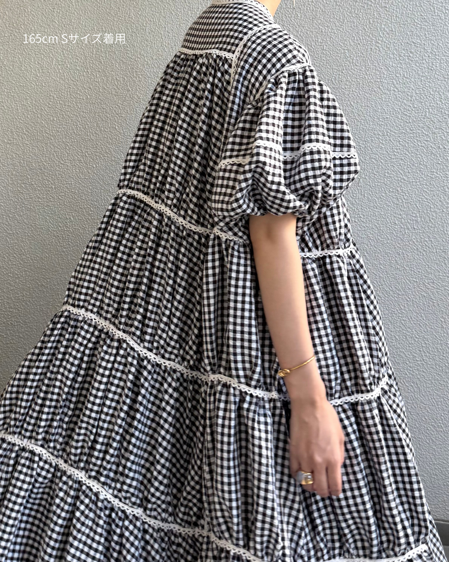gingham patchwork volume onepiece – white × black