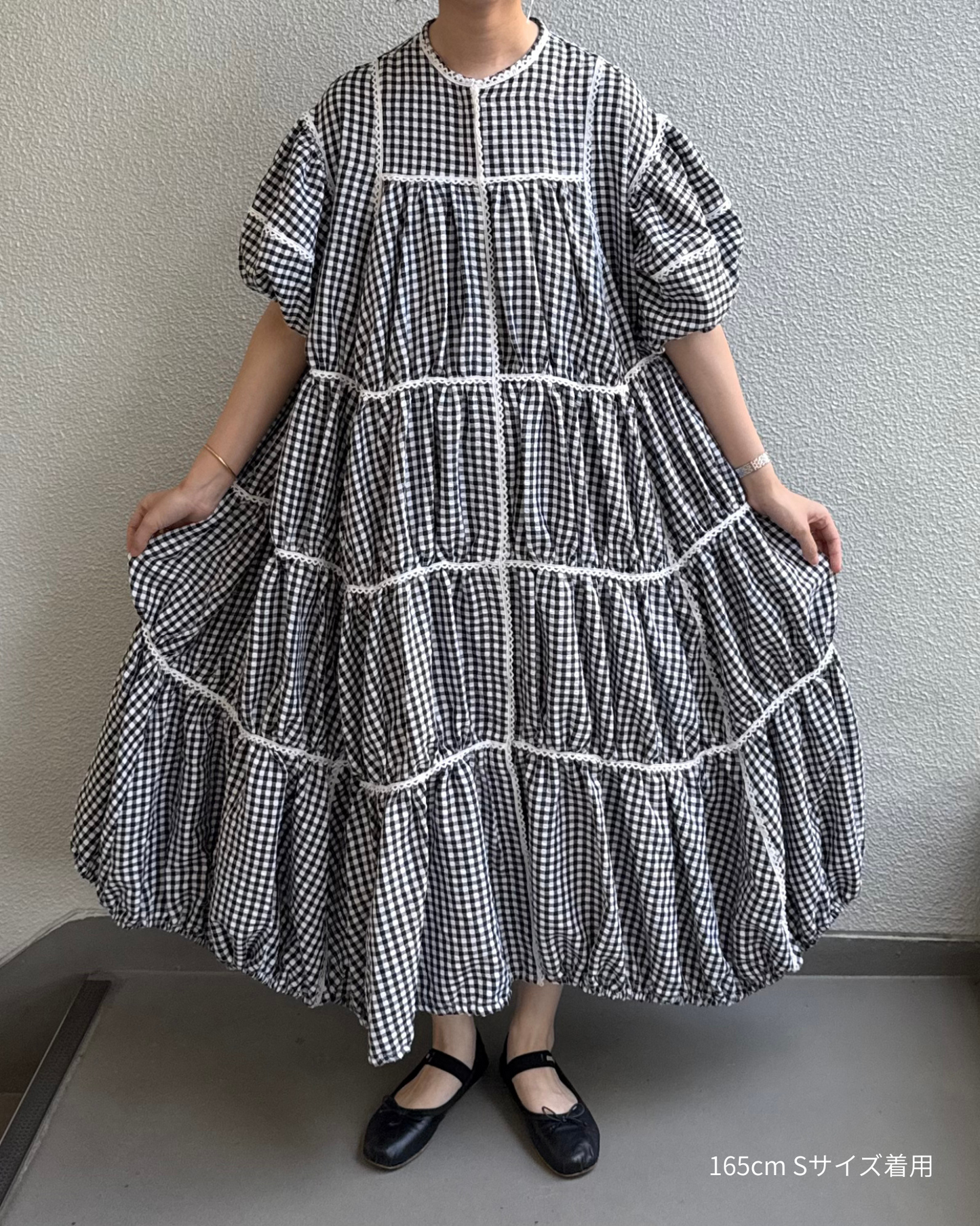 gingham patchwork volume onepiece – white × black