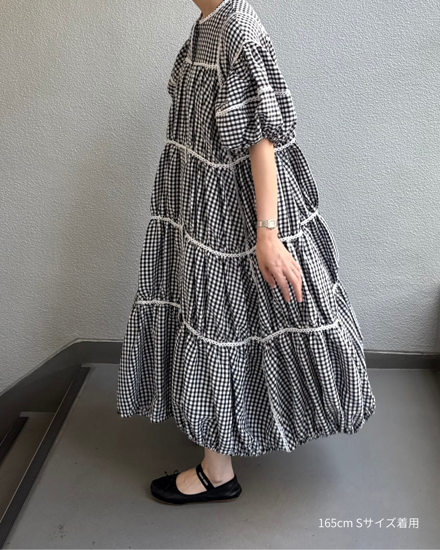 gingham patchwork volume onepiece – white × black