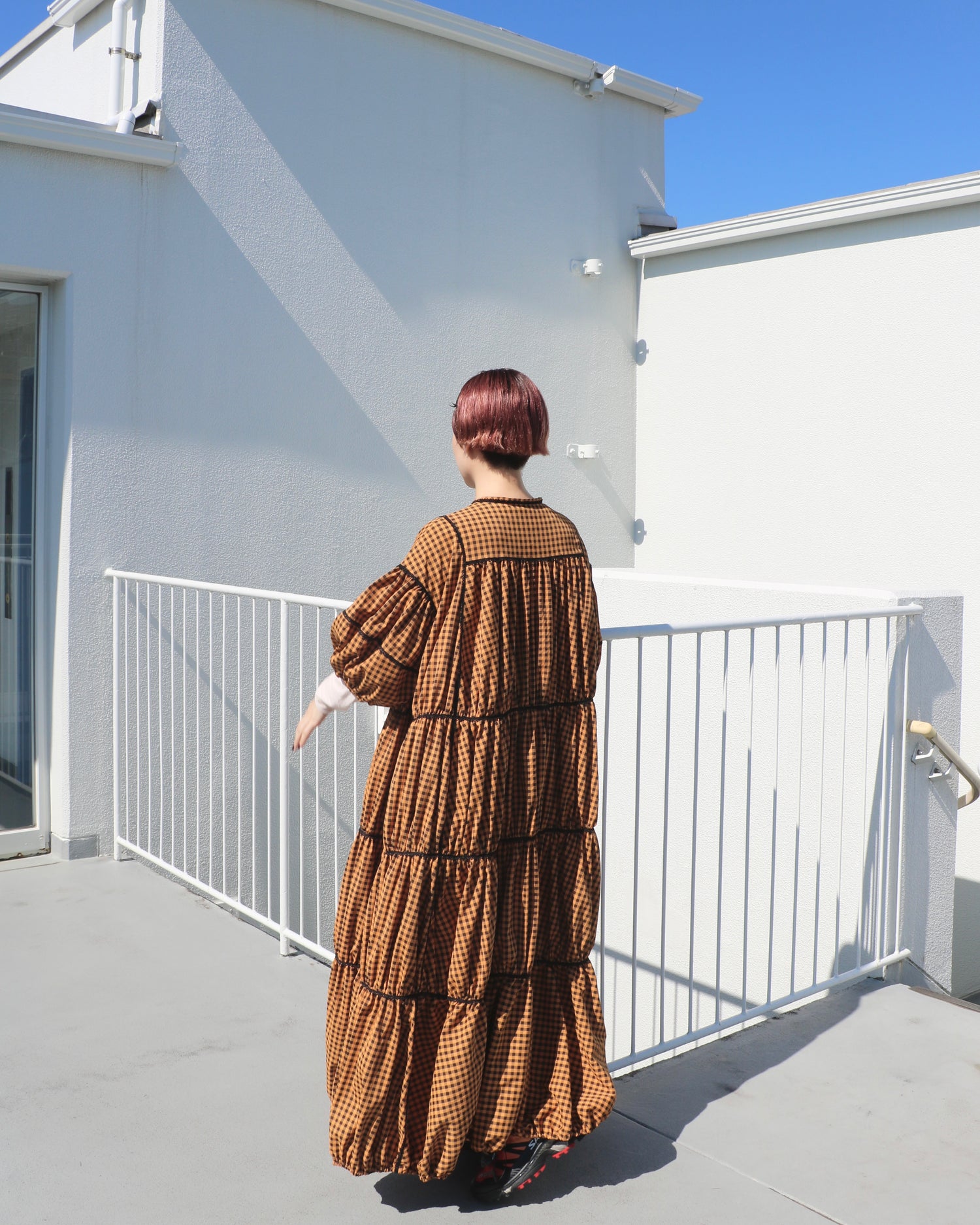 gingham patchwork volume onepiece – orange × black