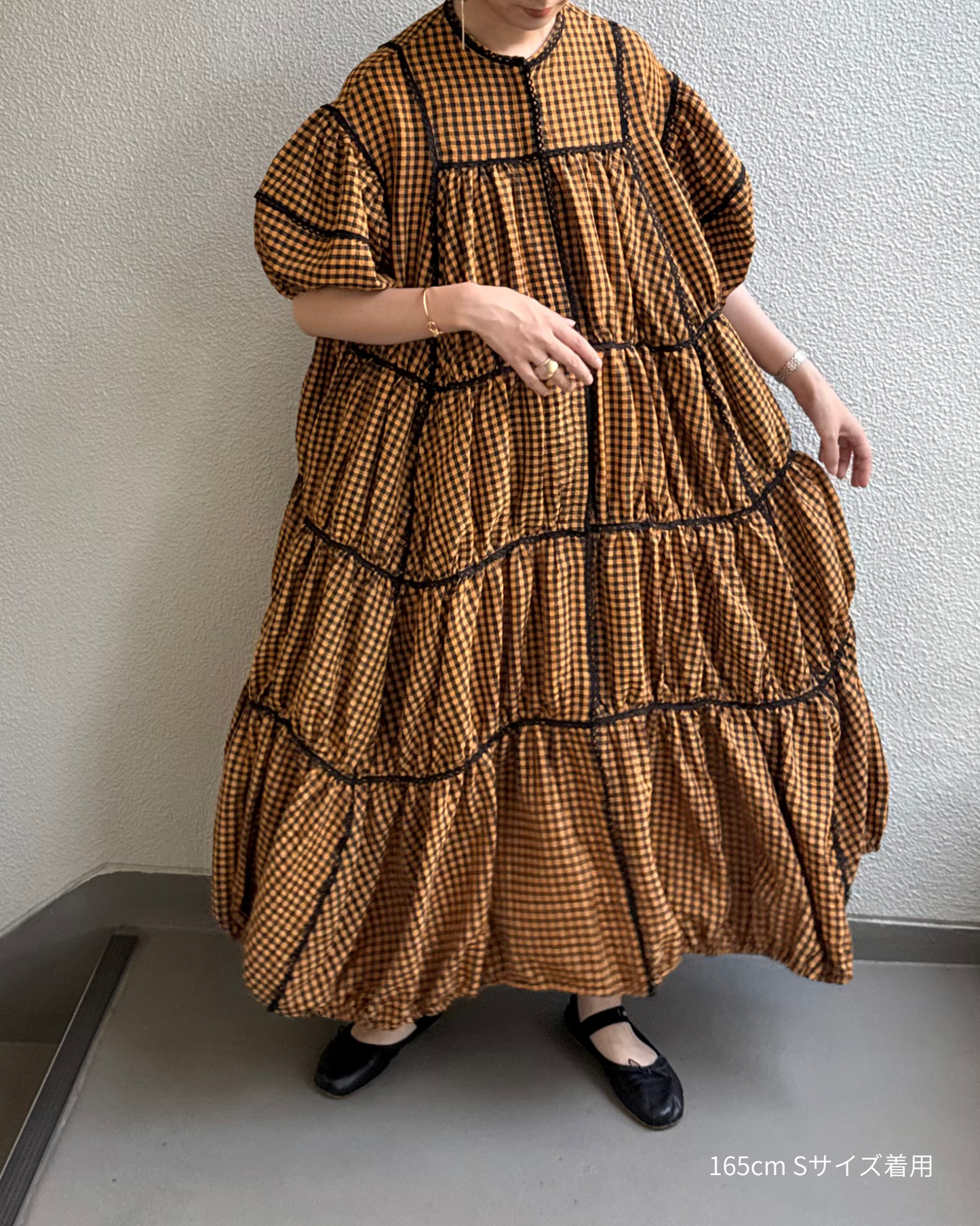 gingham patchwork volume onepiece – orange × black