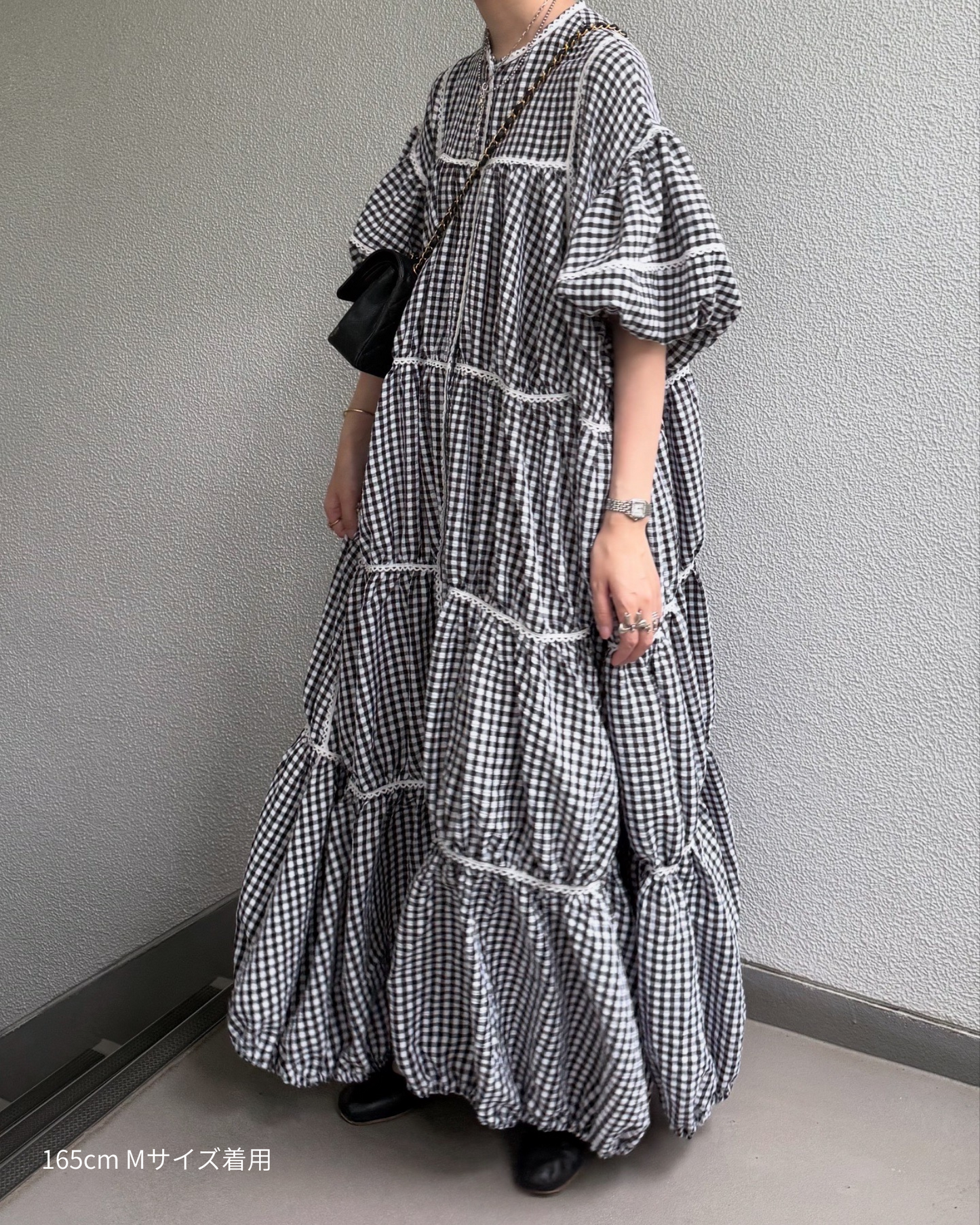 gingham patchwork volume onepiece – white × black