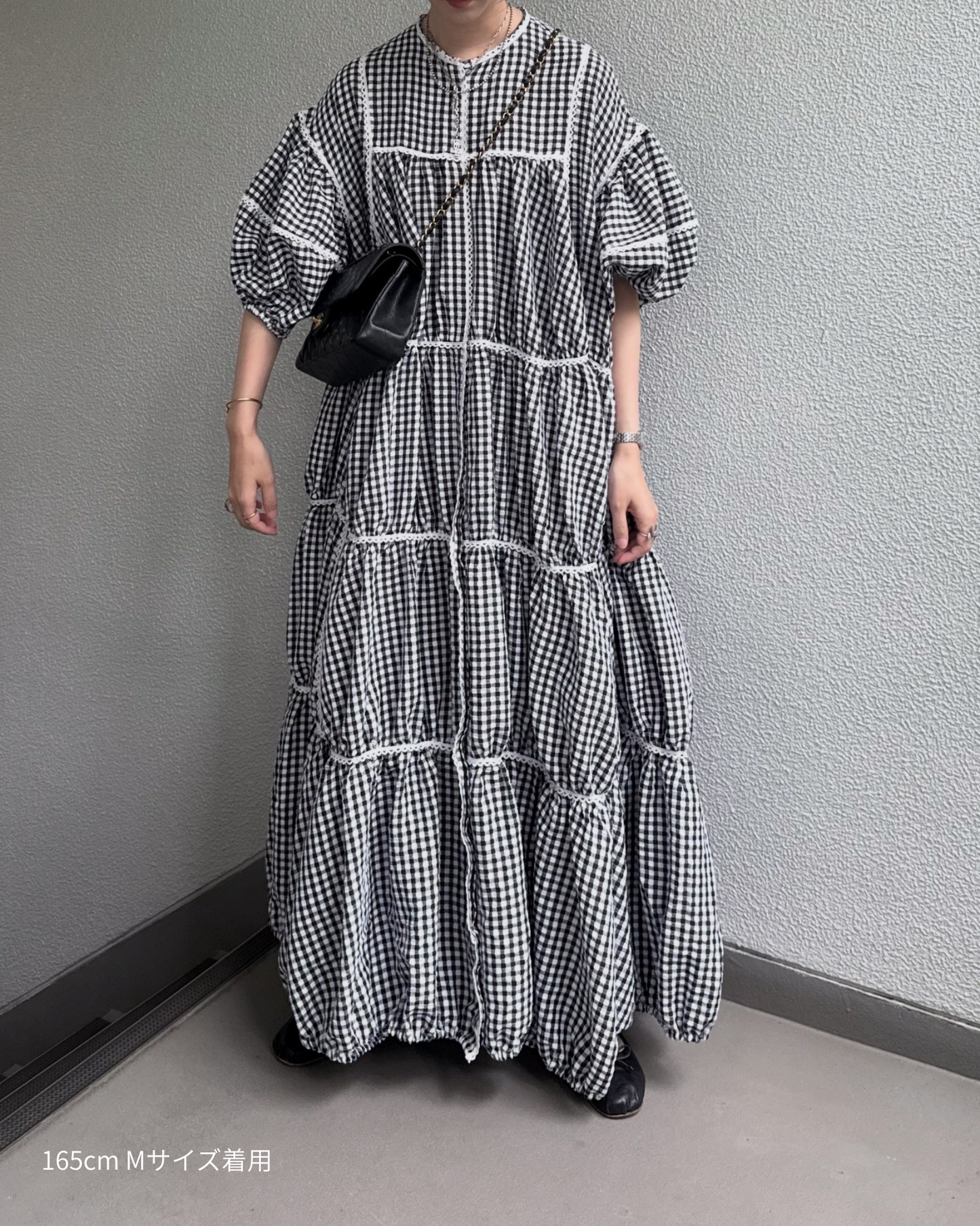 gingham patchwork volume onepiece – white × black
