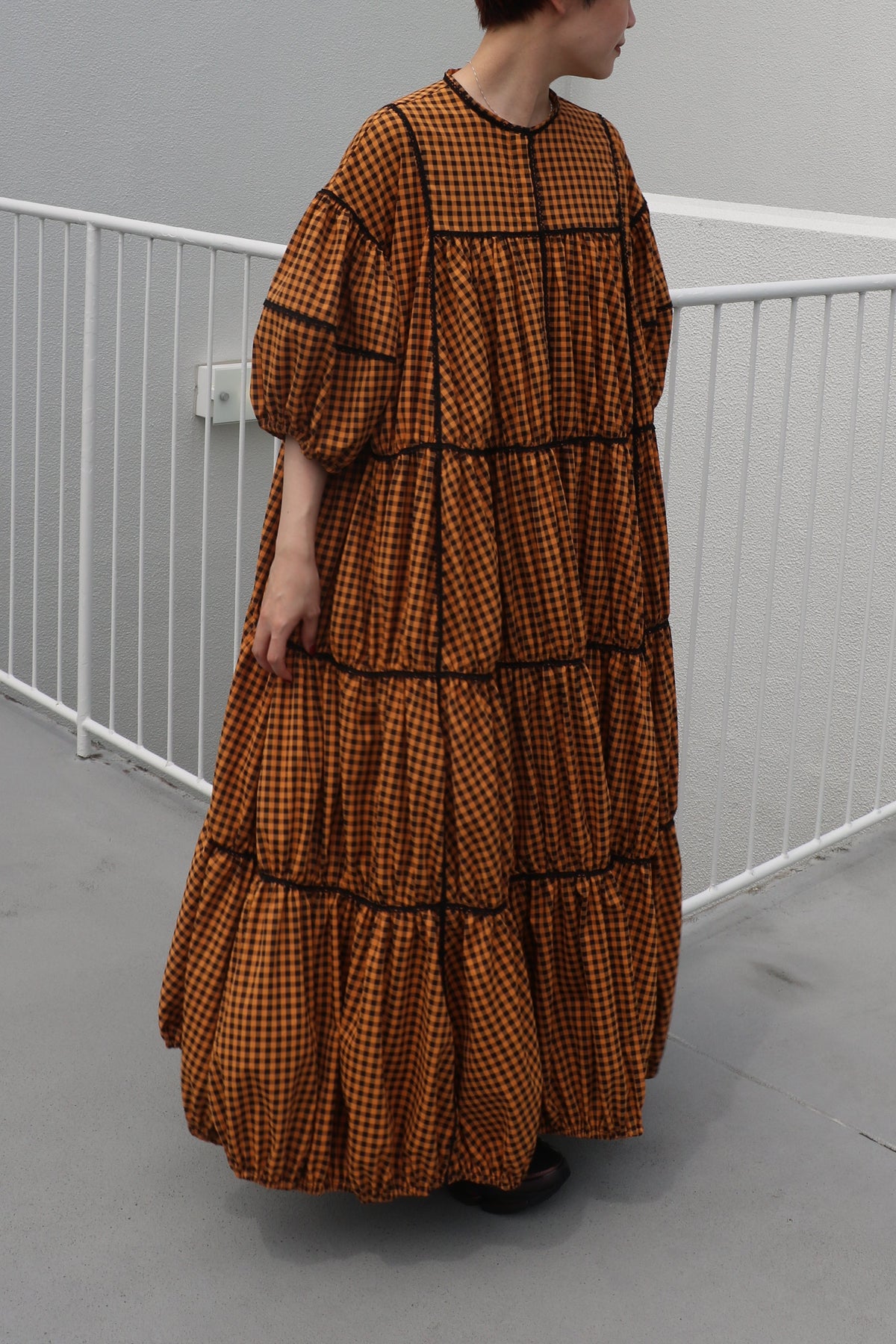 gingham patchwork volume onepiece – orange × black