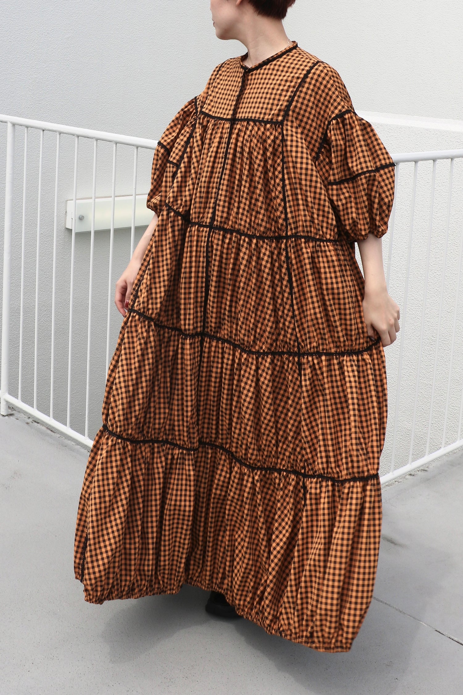 gingham patchwork volume onepiece – orange × black
