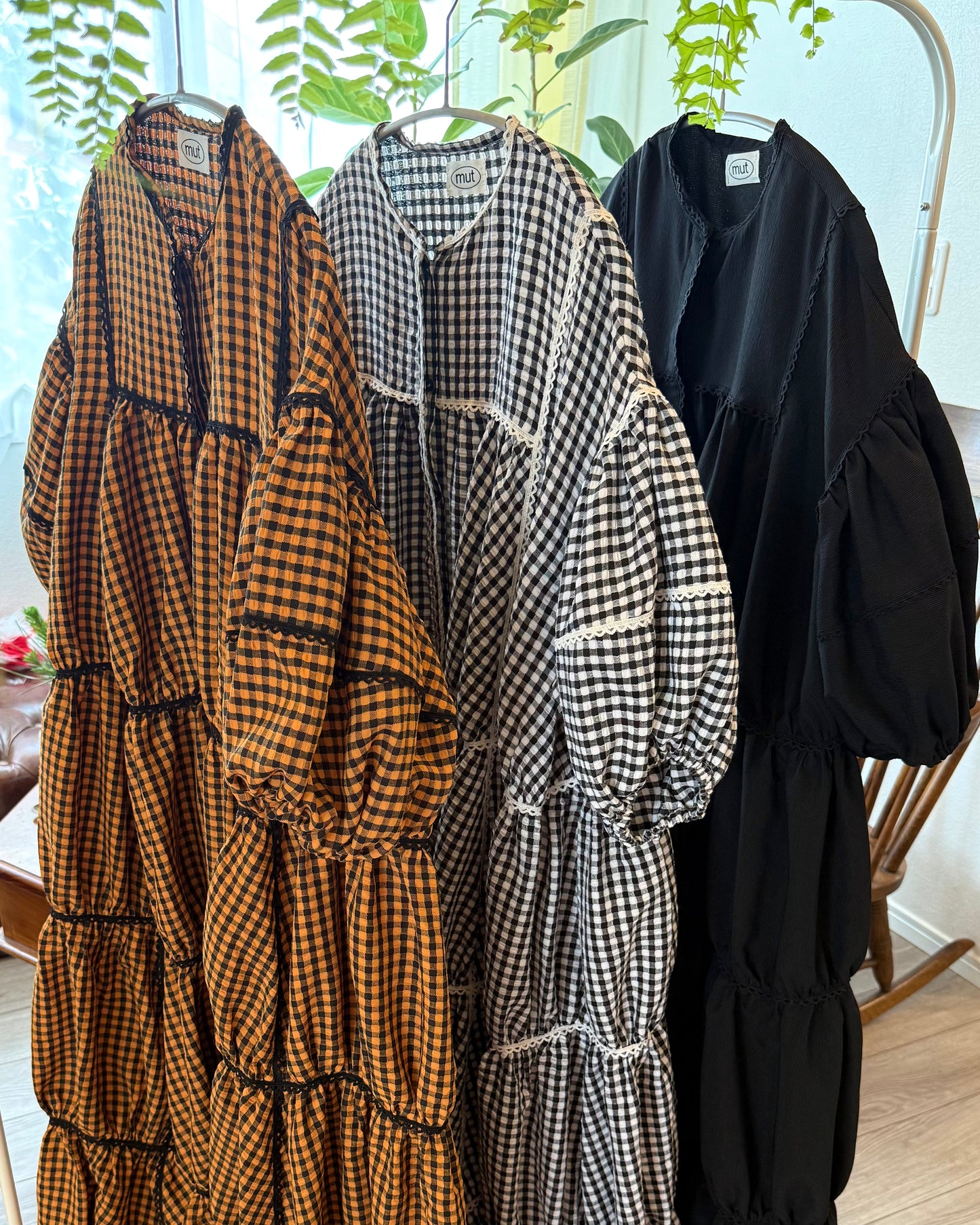 gingham patchwork volume onepiece – orange × black