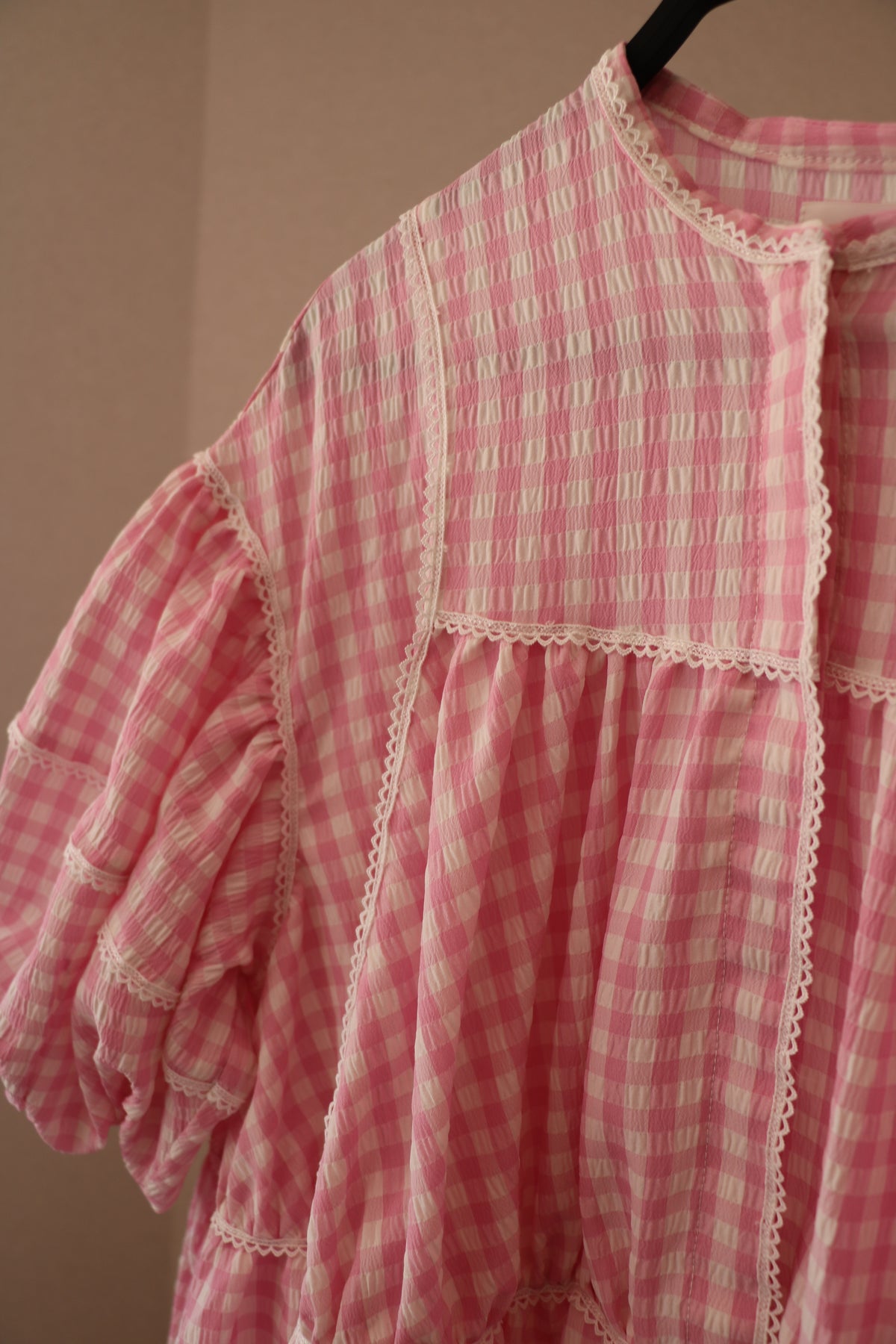 gingham patchwork volume onepiece – pink × white