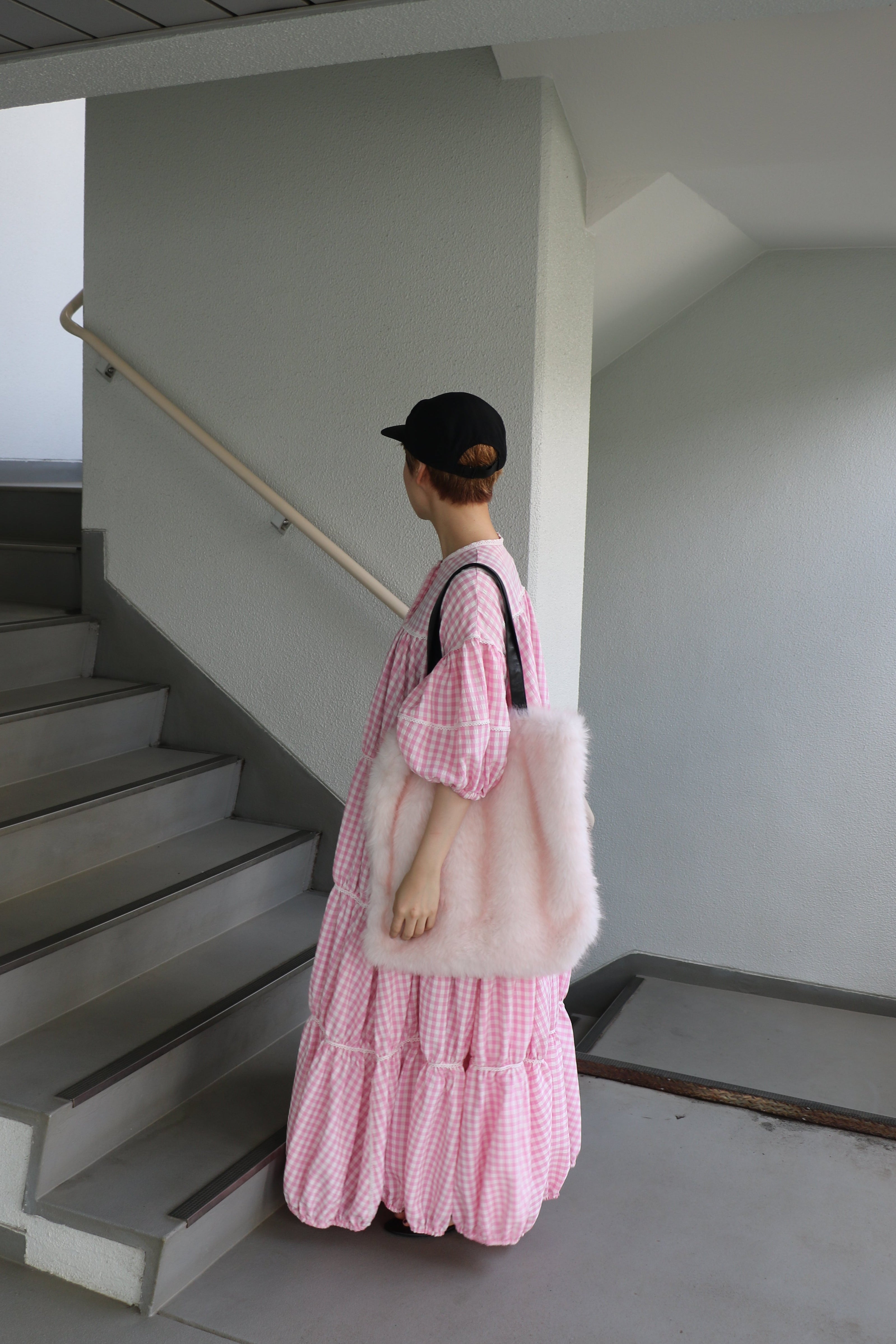 gingham patchwork volume onepiece – pink × white – mut