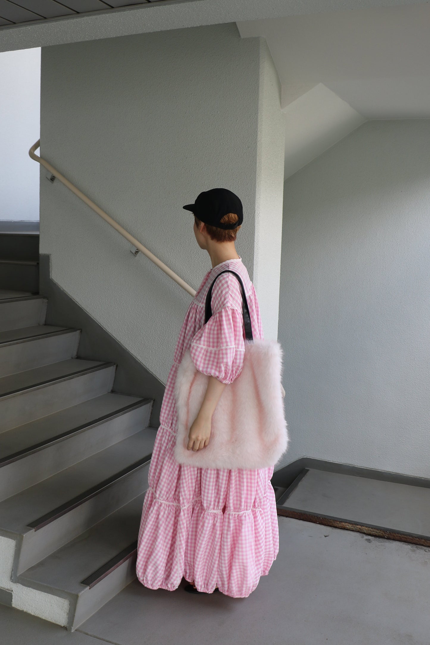 gingham patchwork volume onepiece – pink × white