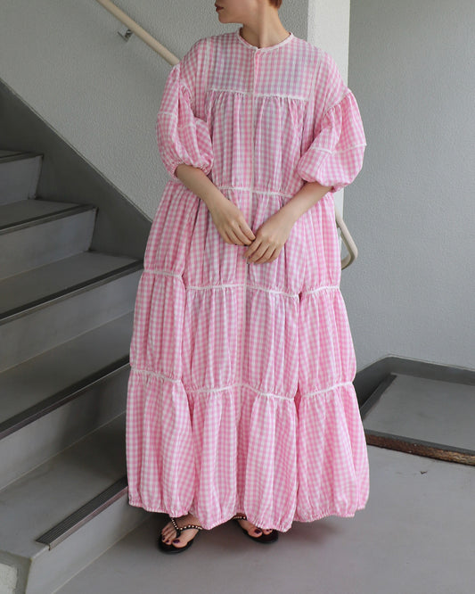 gingham patchwork volume onepiece – pink × white