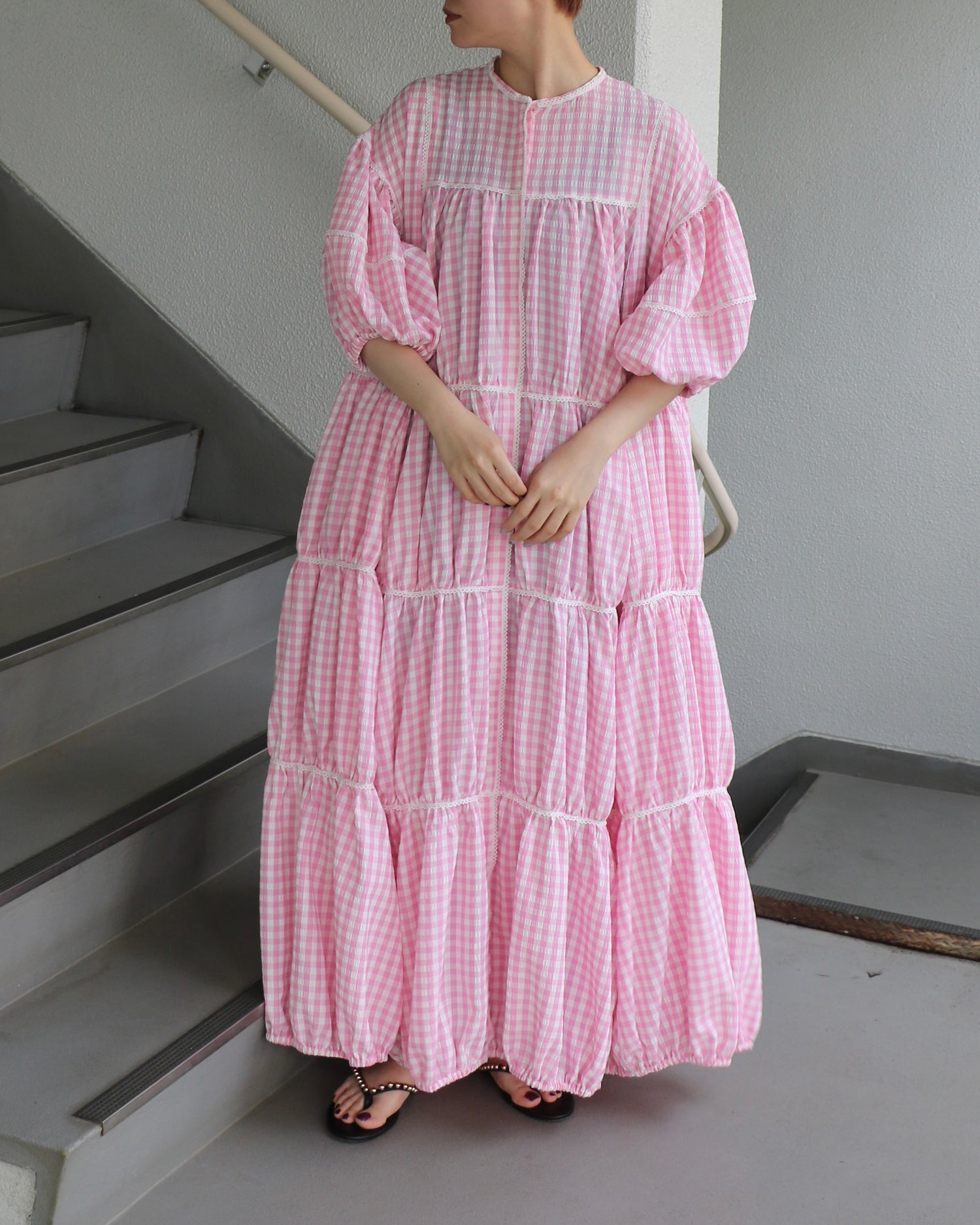 gingham patchwork volume onepiece – pink × white