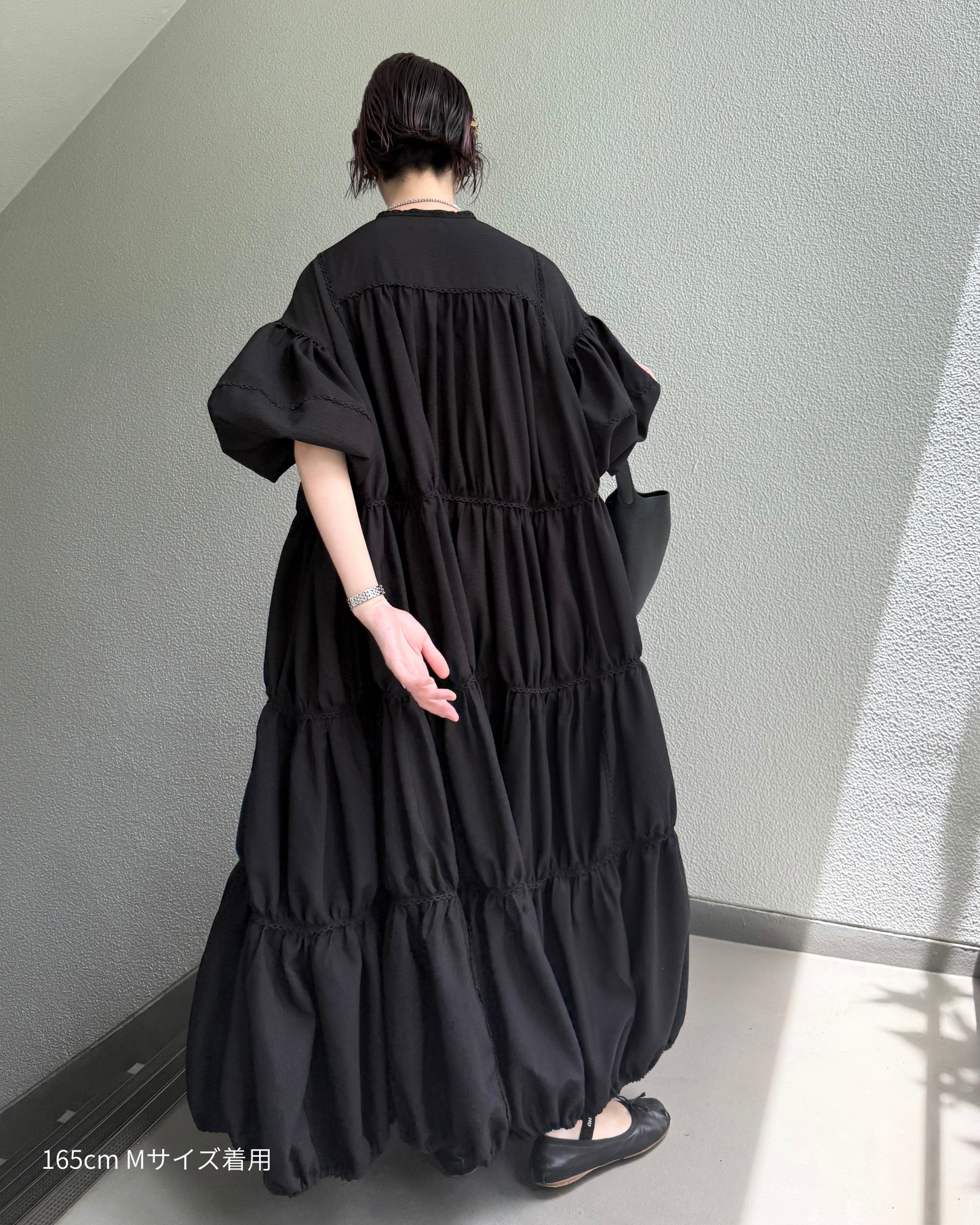 ginghamless patchwork volume onepiece – black