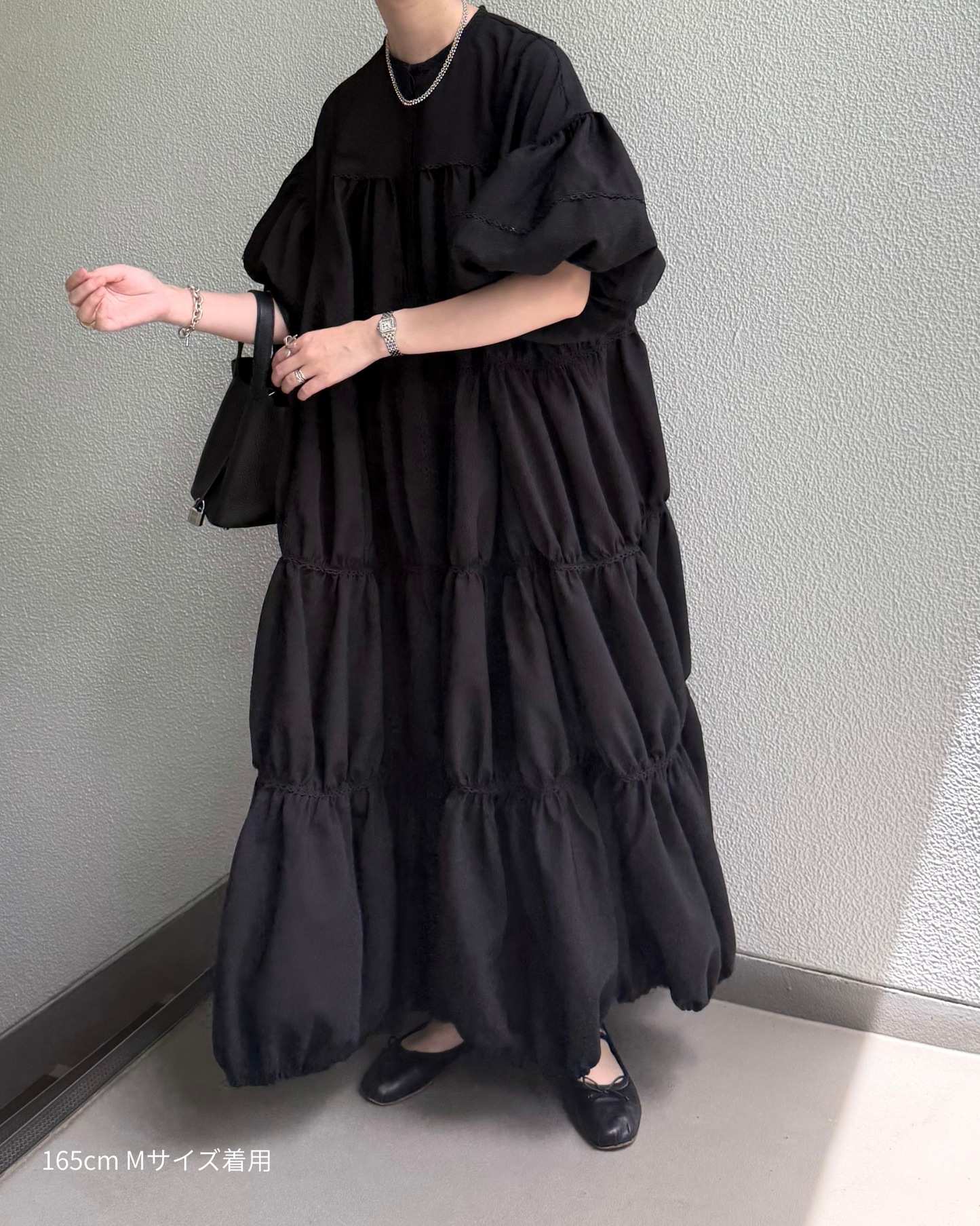 ginghamless patchwork volume onepiece – black