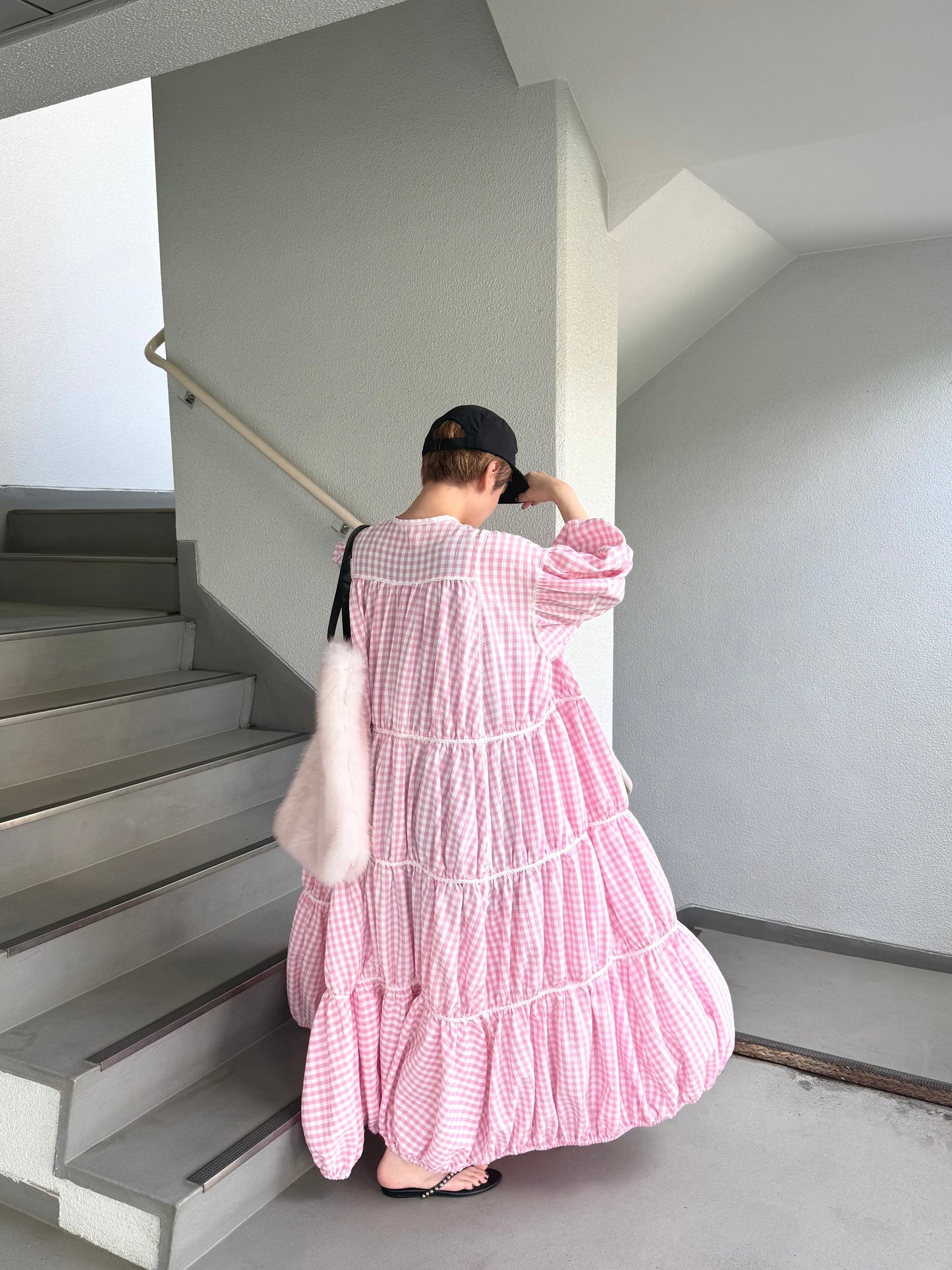 gingham patchwork volume onepiece – pink × white