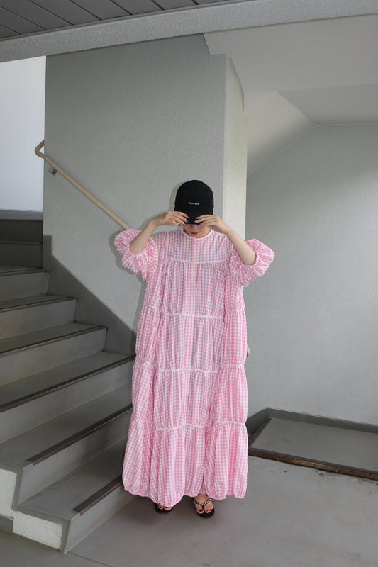 gingham patchwork volume onepiece – pink × white