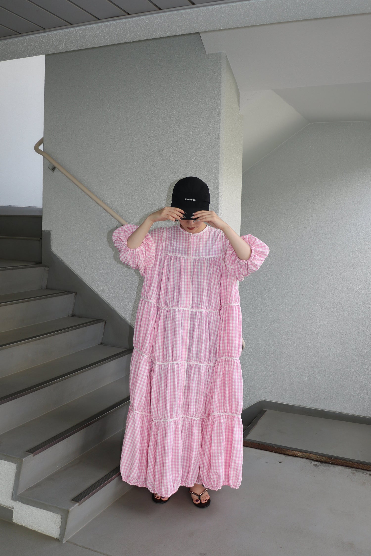 gingham patchwork volume onepiece – pink × white