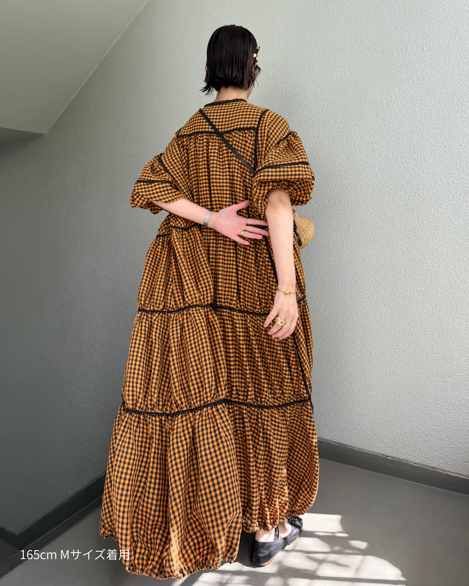 gingham patchwork volume onepiece – orange × black – mut gingham patchwork volume onepiece – orange × black – mut