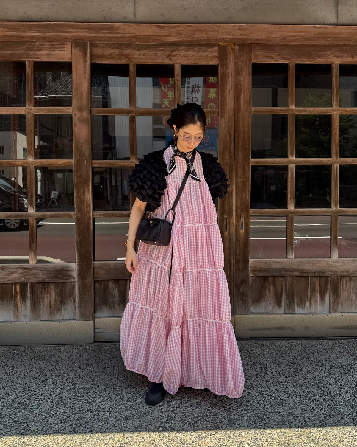 gingham patchwork volume onepiece – pink × white
