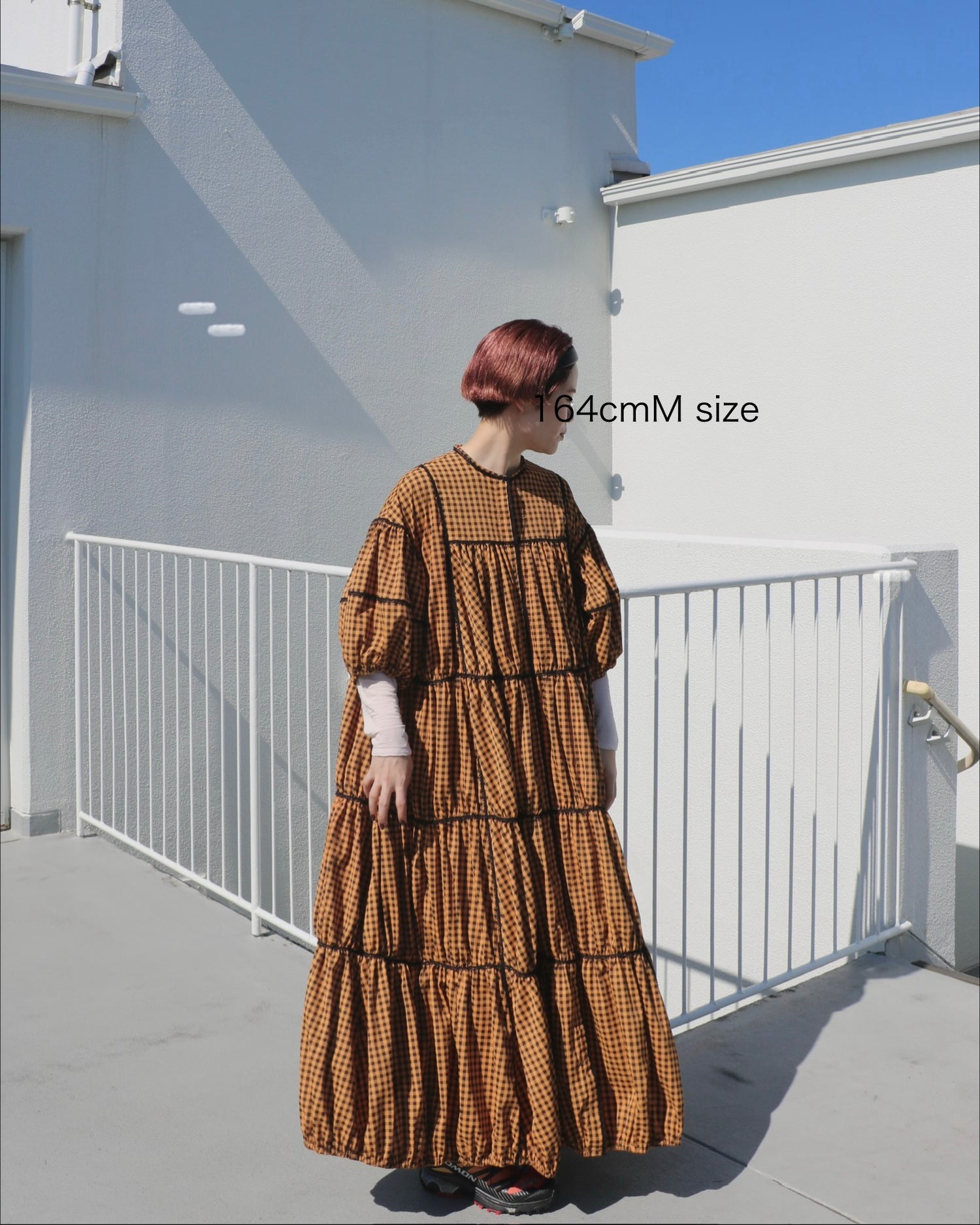 gingham patchwork volume onepiece – orange × black