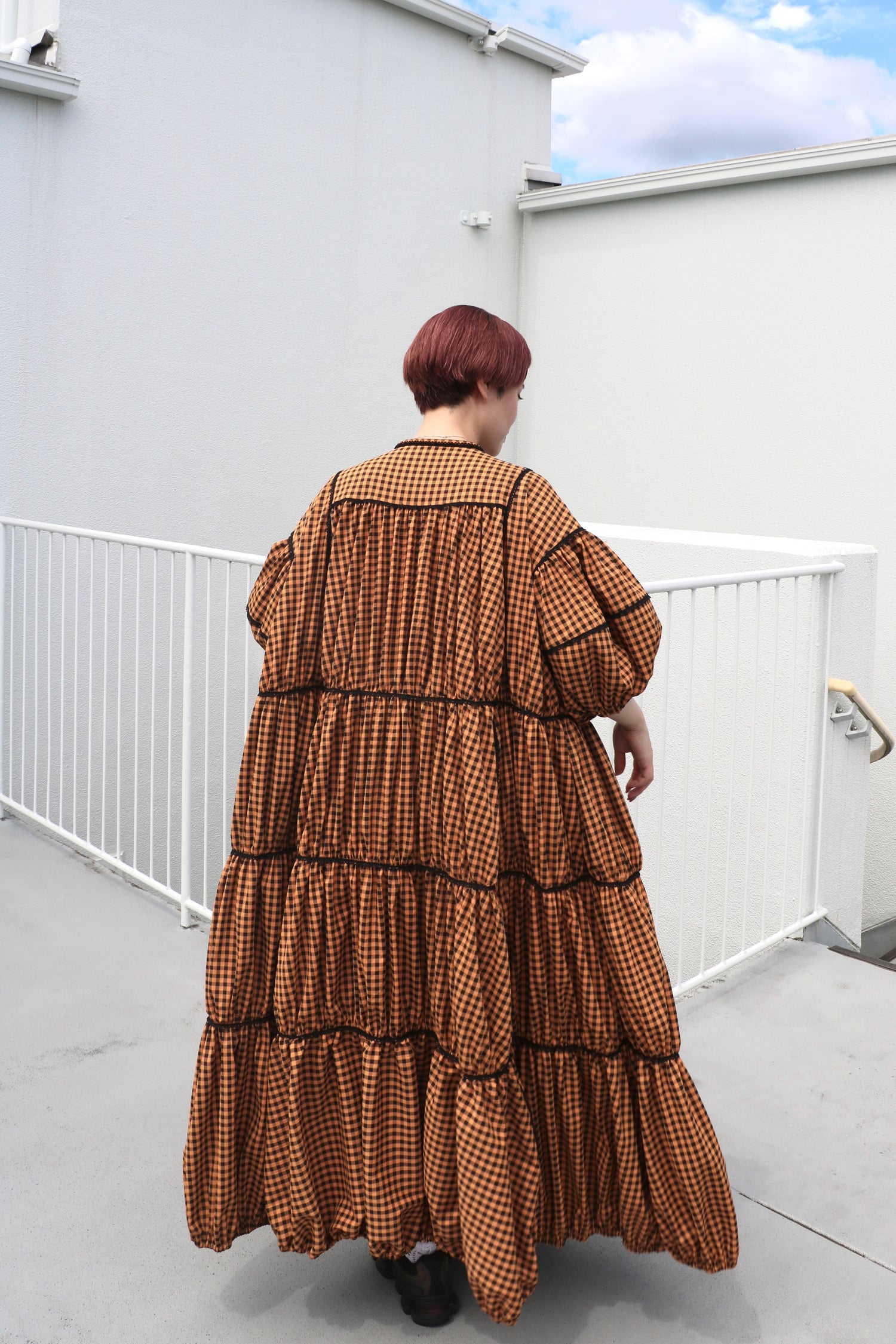 gingham patchwork volume onepiece – orange × black