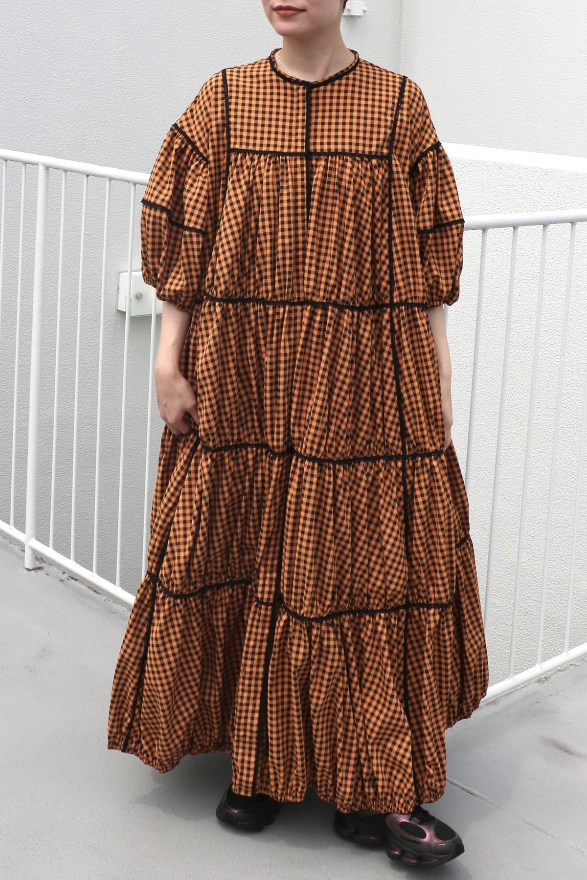 gingham patchwork volume onepiece – orange × black