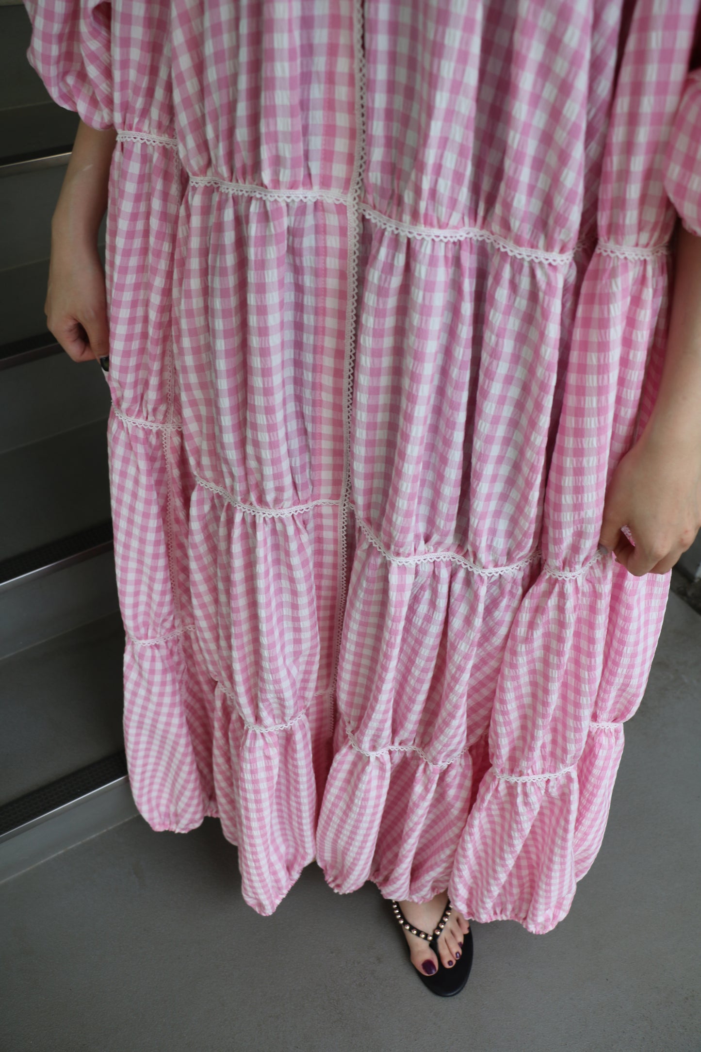 gingham patchwork volume onepiece – pink × white