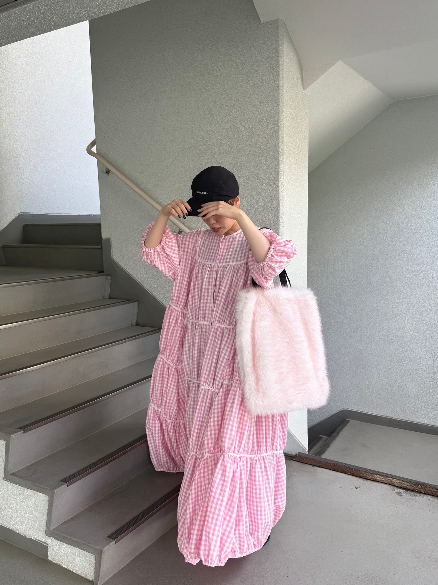 gingham patchwork volume onepiece – pink × white