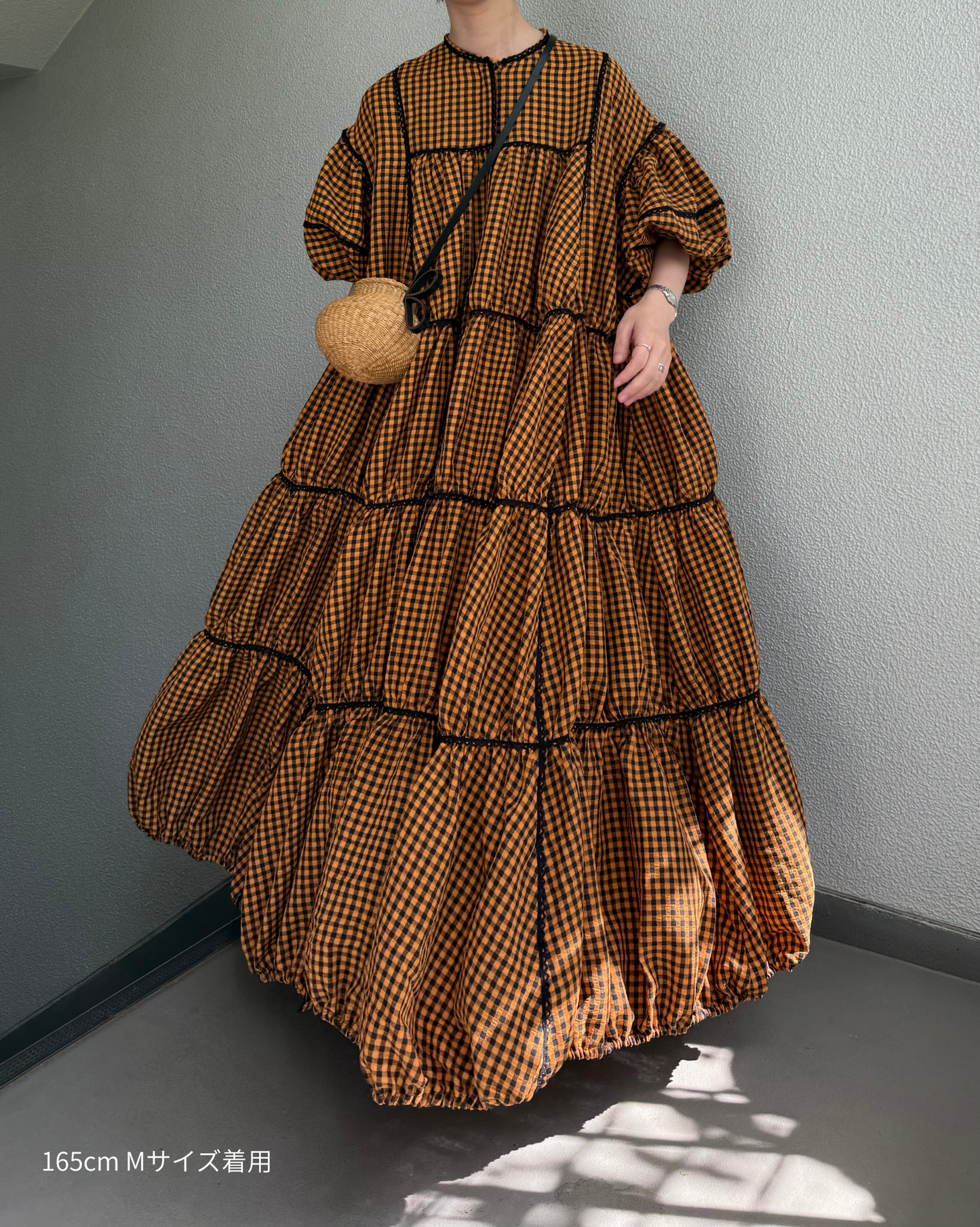 gingham patchwork volume onepiece – orange × black