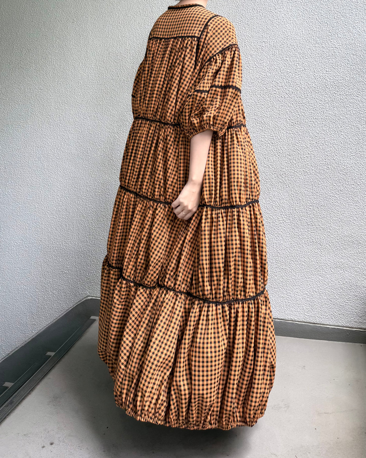 gingham patchwork volume onepiece – orange × black
