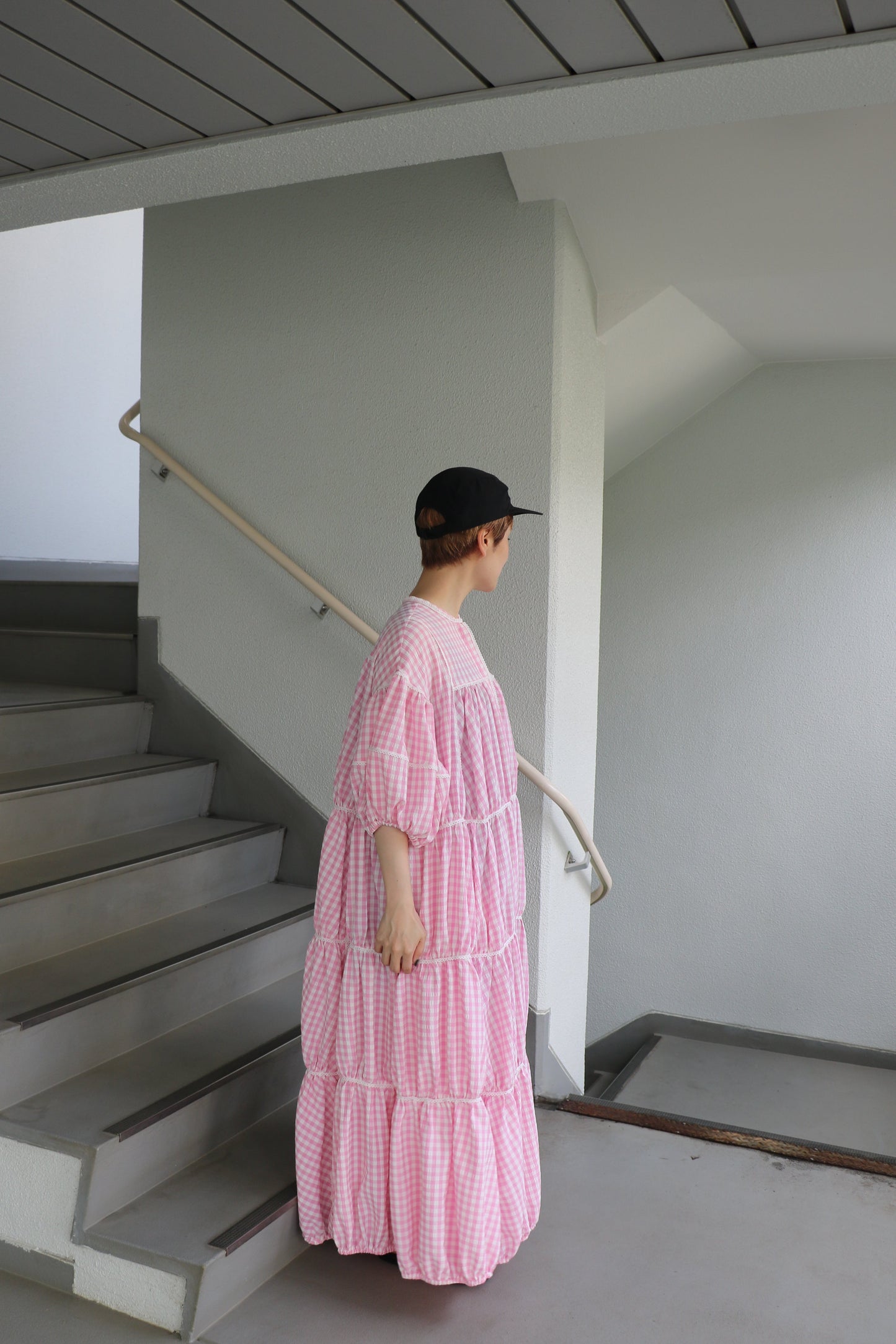 gingham patchwork volume onepiece – pink × white