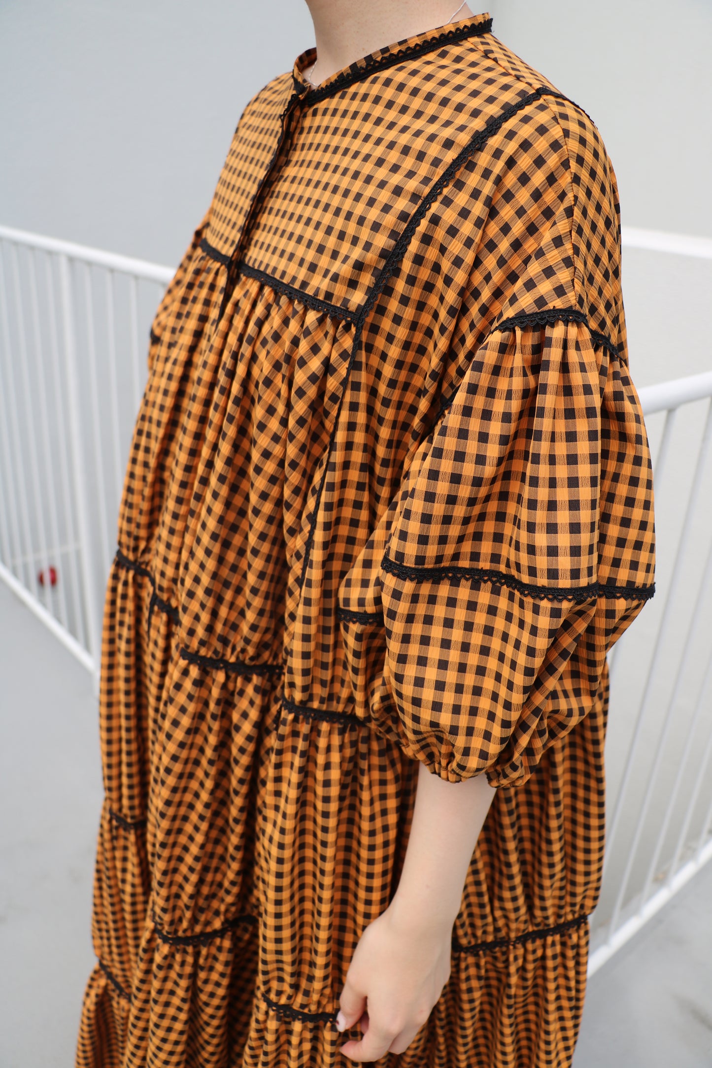 gingham patchwork volume onepiece – orange × black