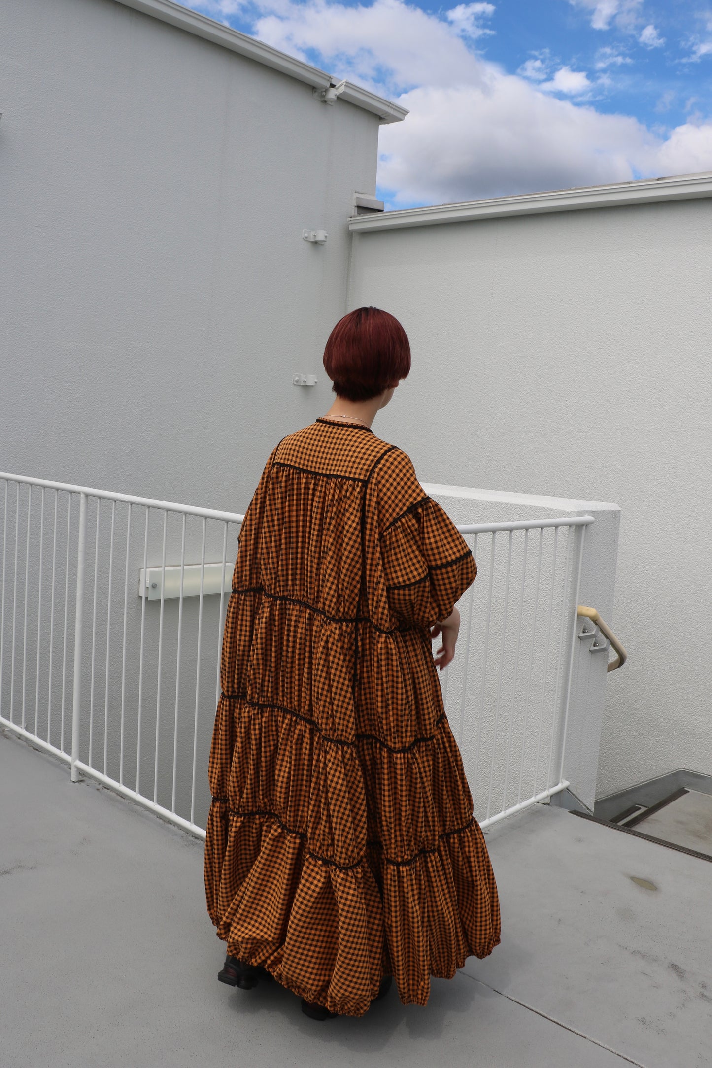 gingham patchwork volume onepiece – orange × black