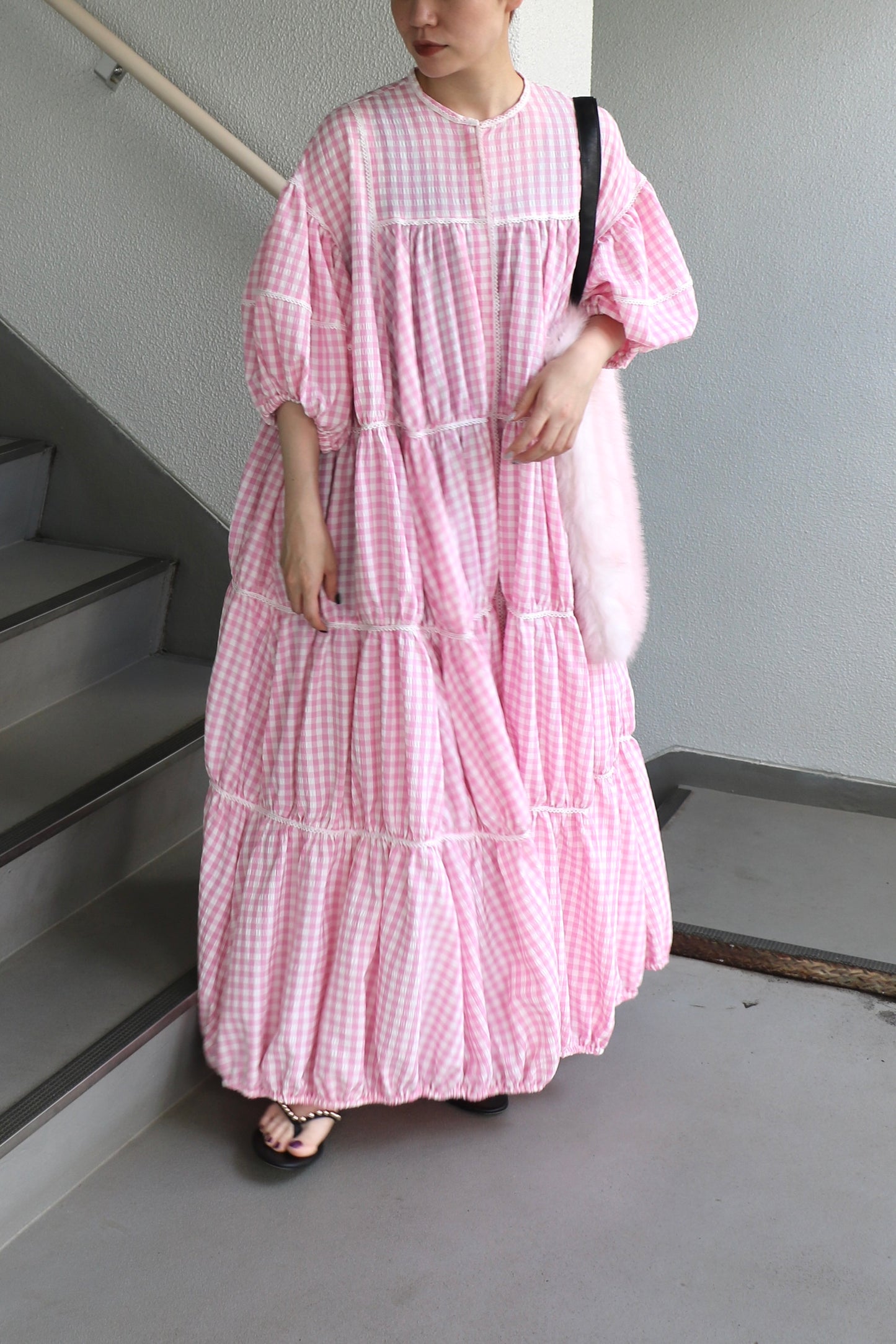 gingham patchwork volume onepiece – pink × white