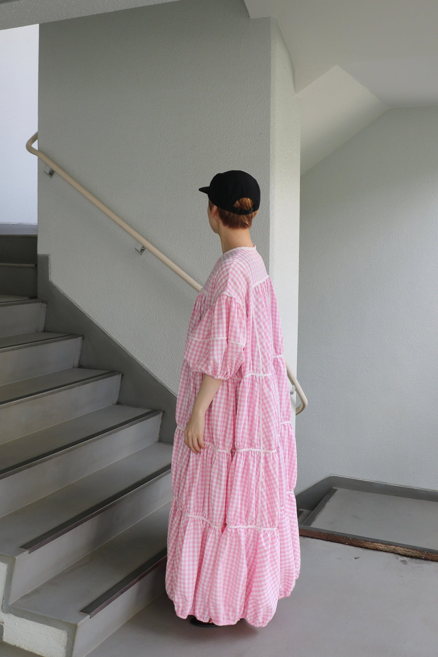 gingham patchwork volume onepiece – pink × white