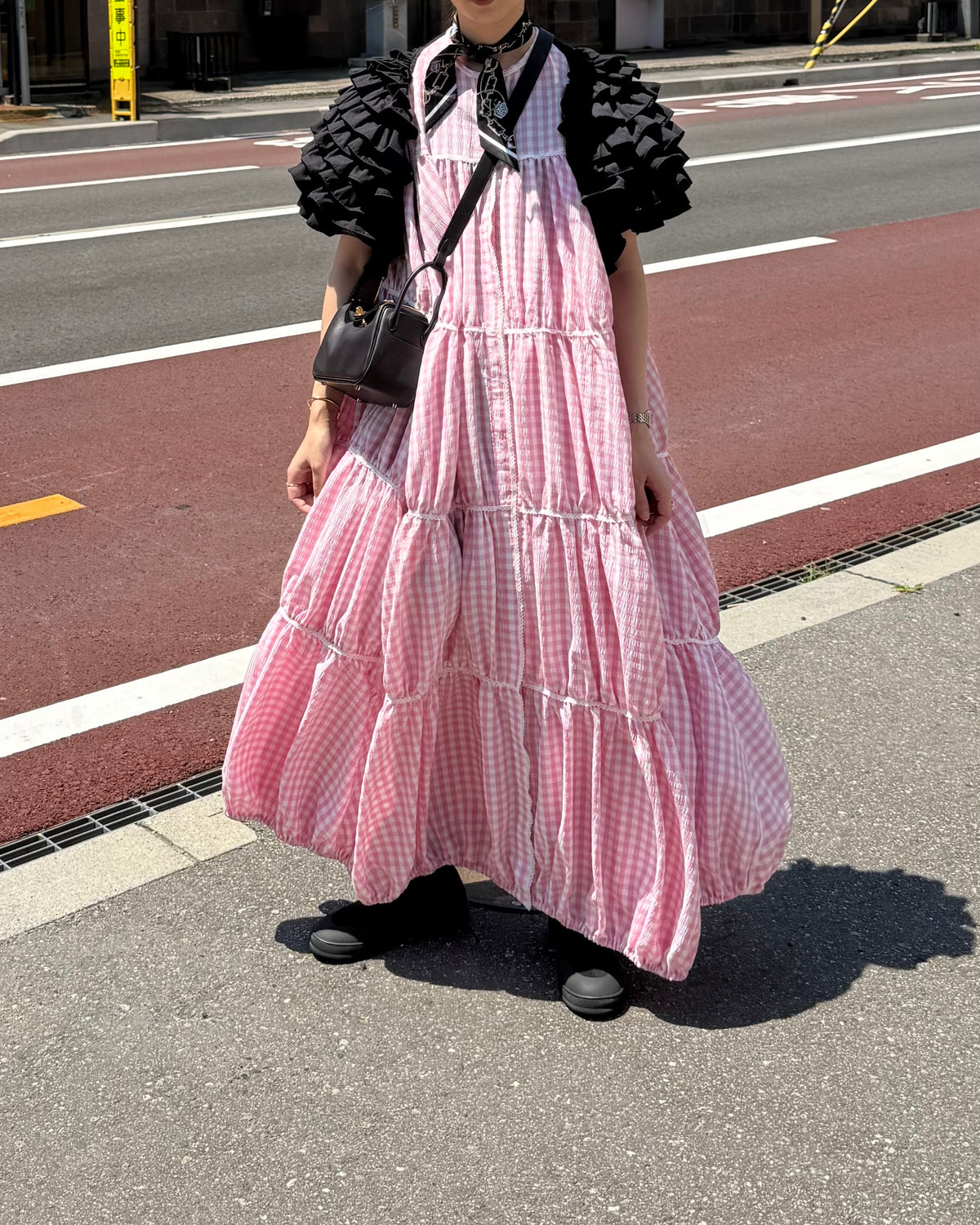 gingham patchwork volume onepiece – pink × white