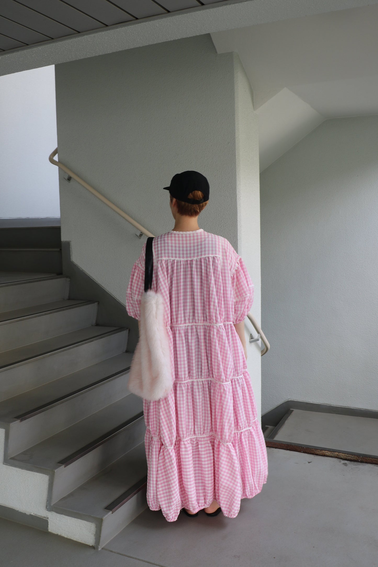 gingham patchwork volume onepiece – pink × white