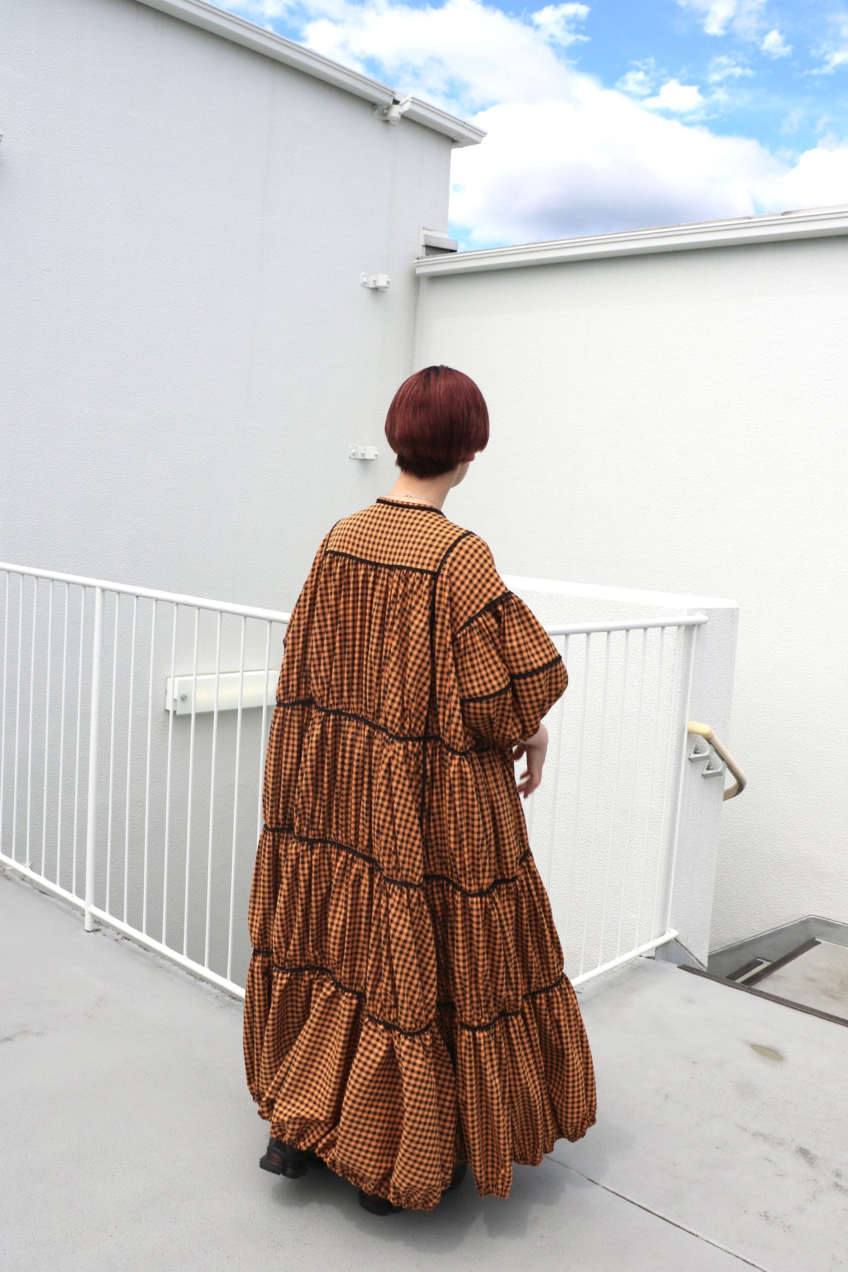 gingham patchwork volume onepiece – orange × black