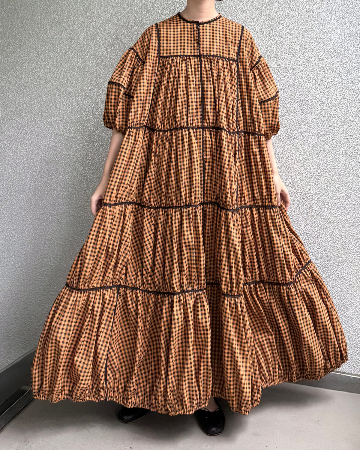 gingham patchwork volume onepiece – orange × black