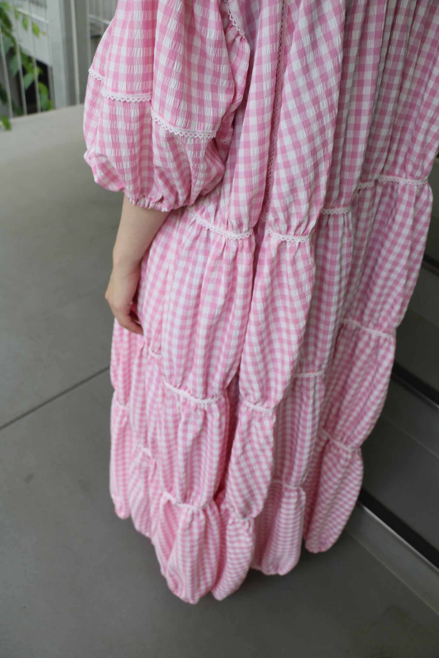 gingham patchwork volume onepiece – pink × white