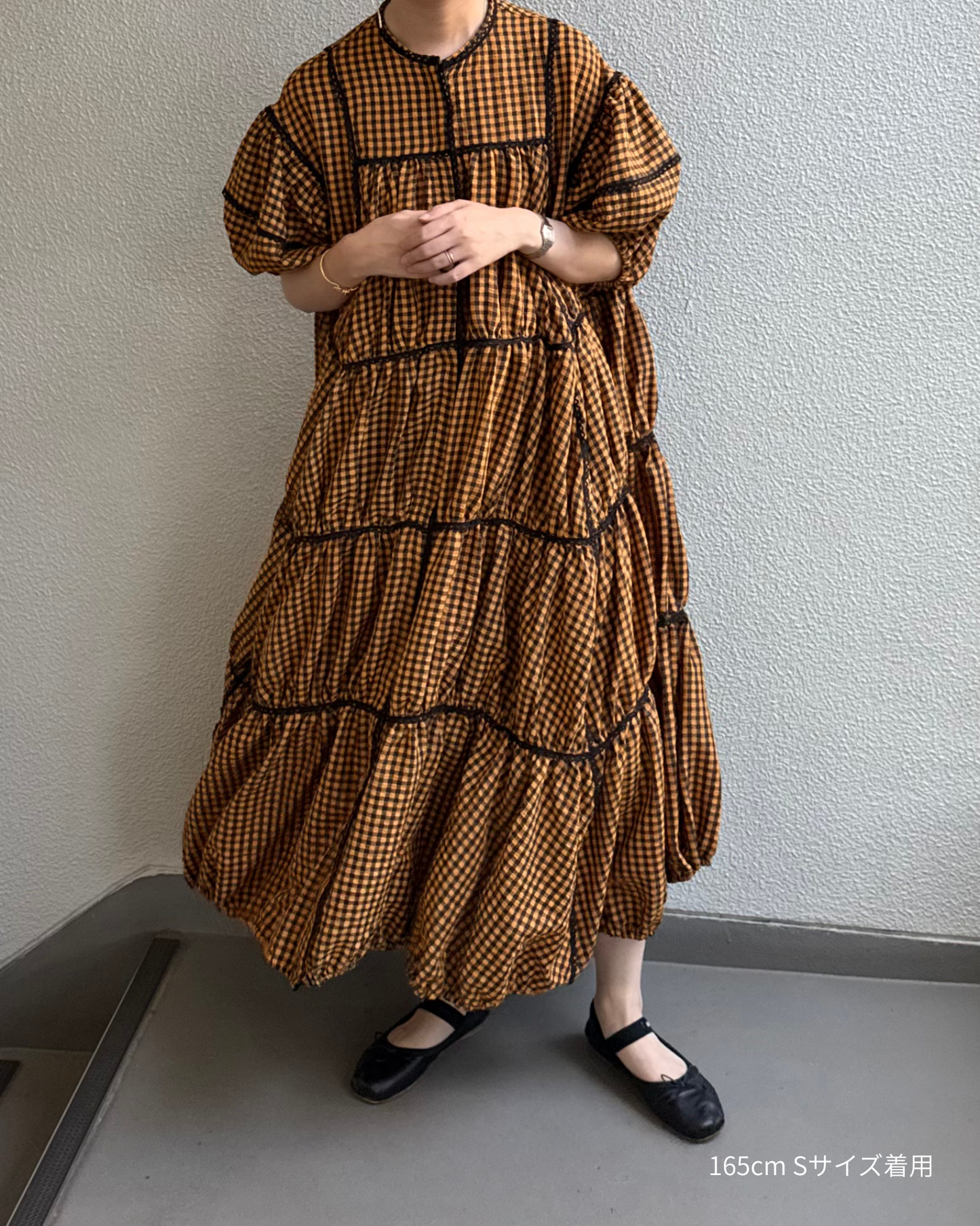 gingham patchwork volume onepiece – orange × black