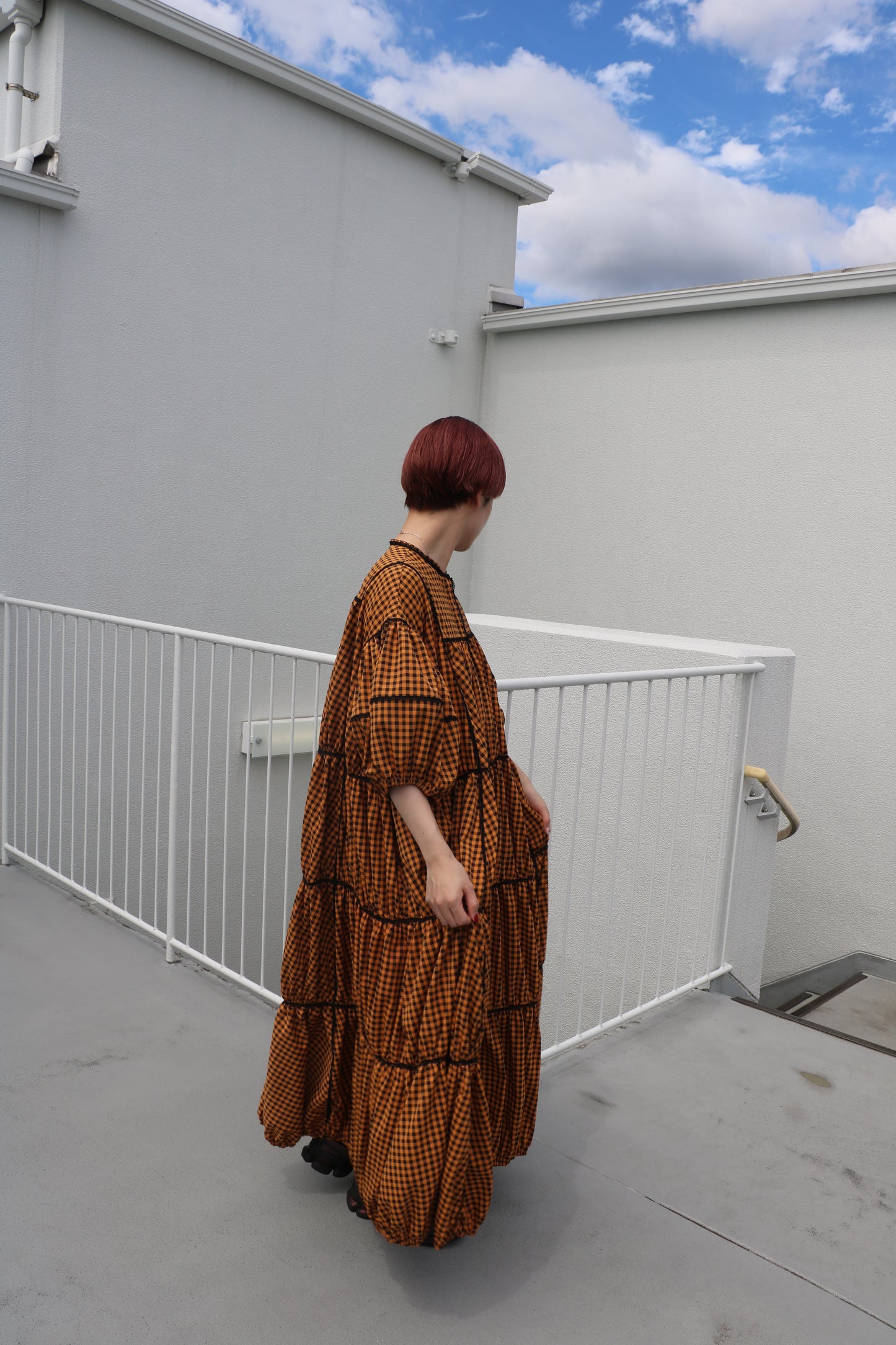 gingham patchwork volume onepiece – orange × black