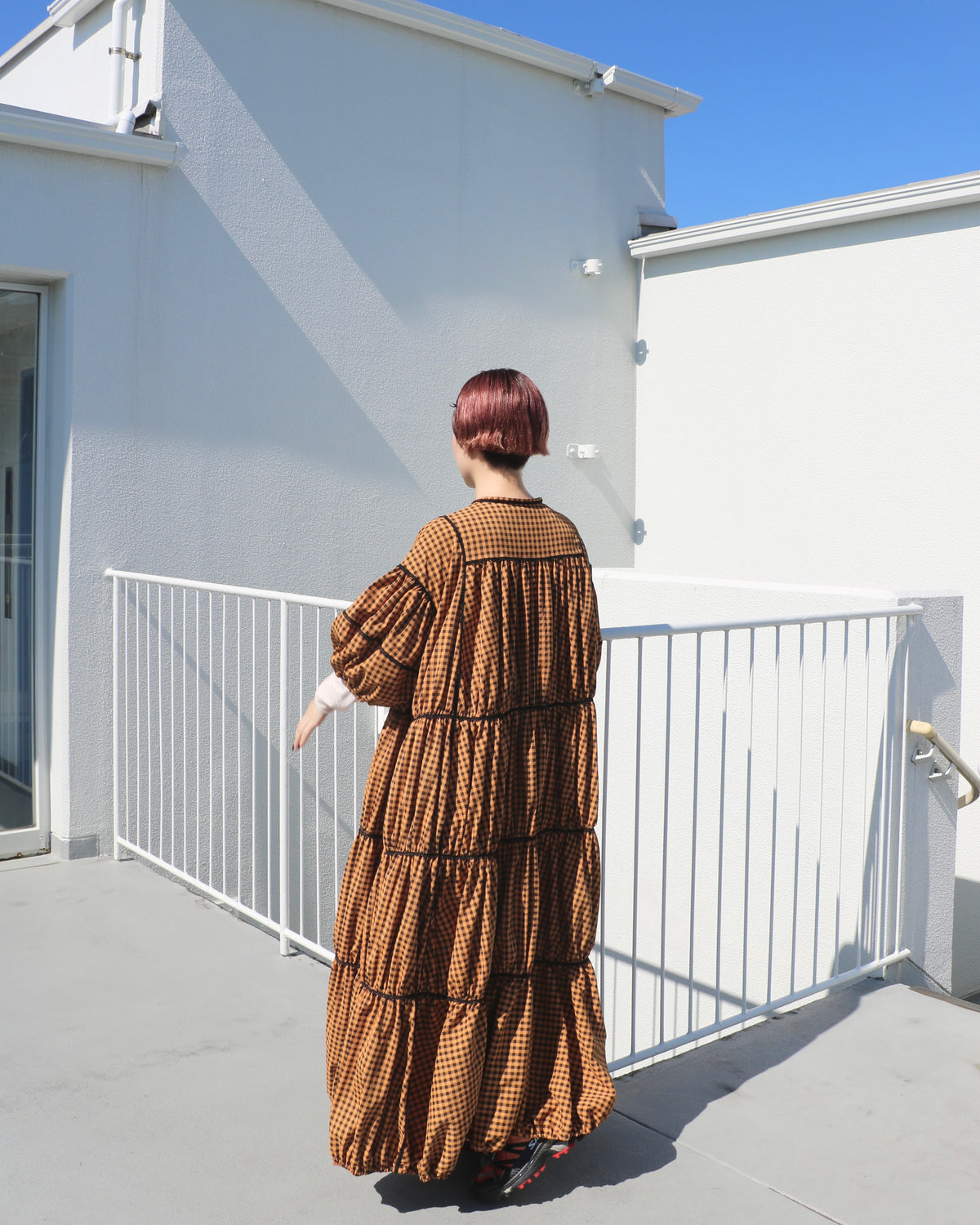 gingham patchwork volume onepiece – orange × black